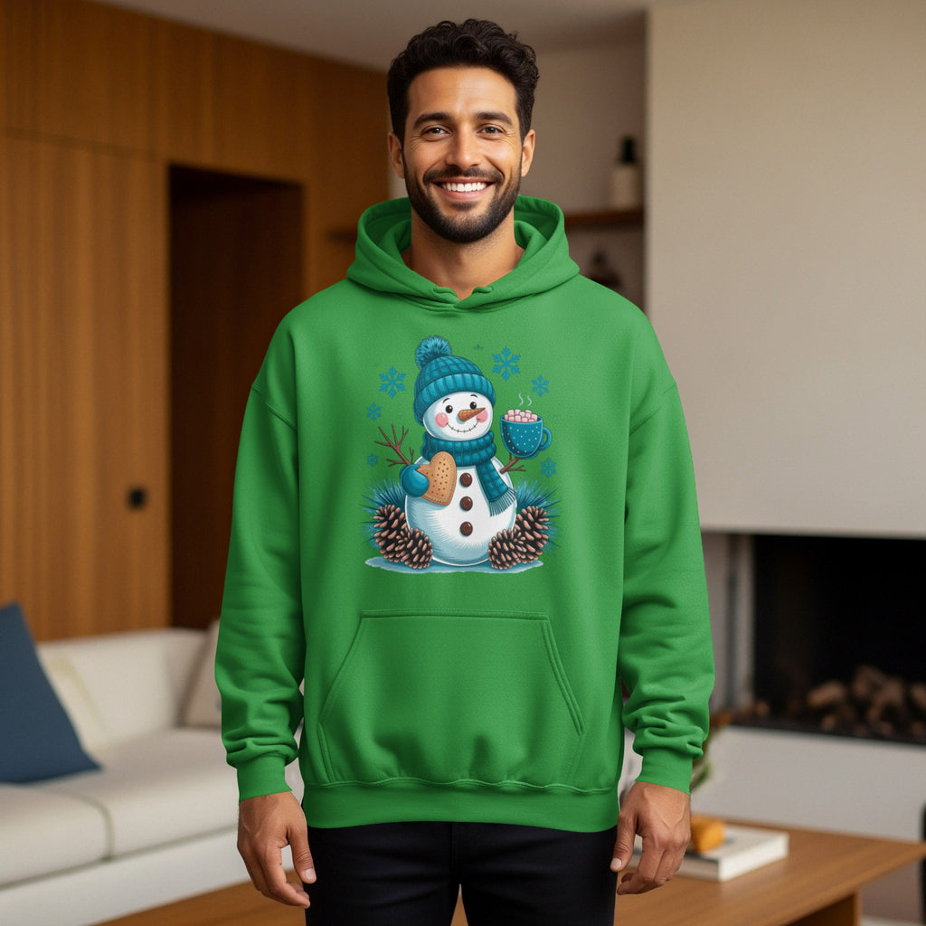 Festive Green Hoodie with Happy Snowman Graphic