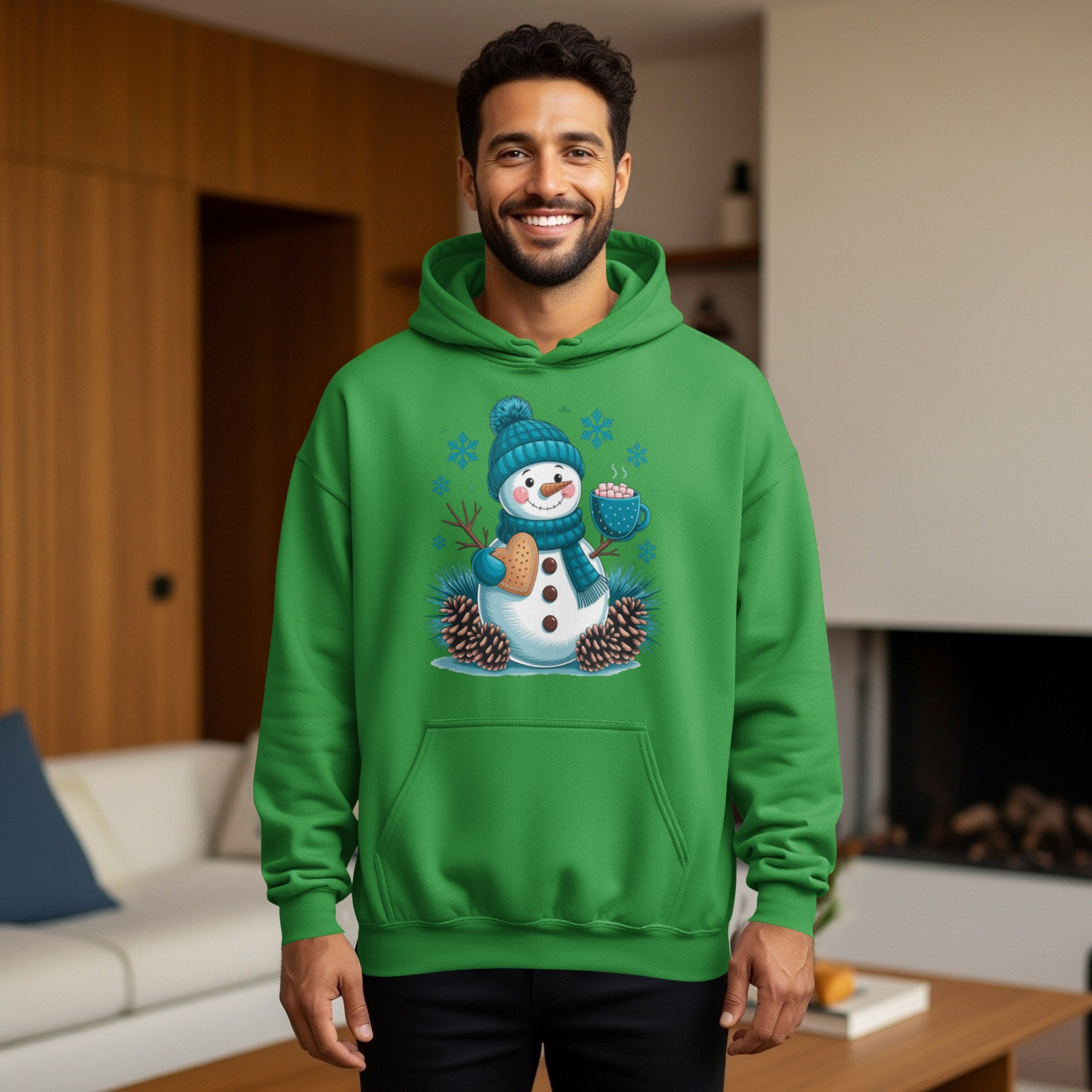 Festive Green Hoodie with Happy Snowman Graphic