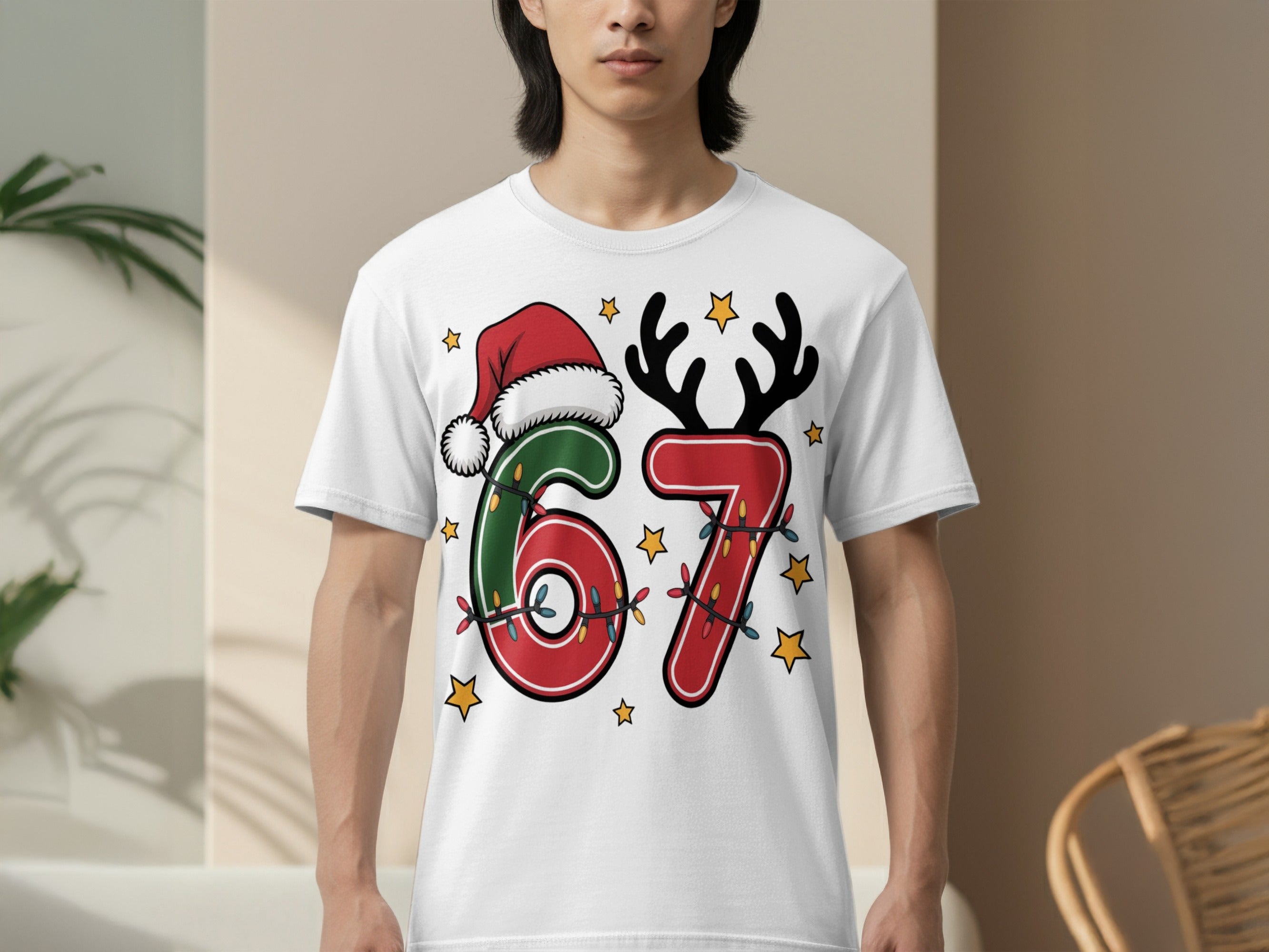 Fun Festive 67 Christmas Antlers and Santa Hat T-Shirt