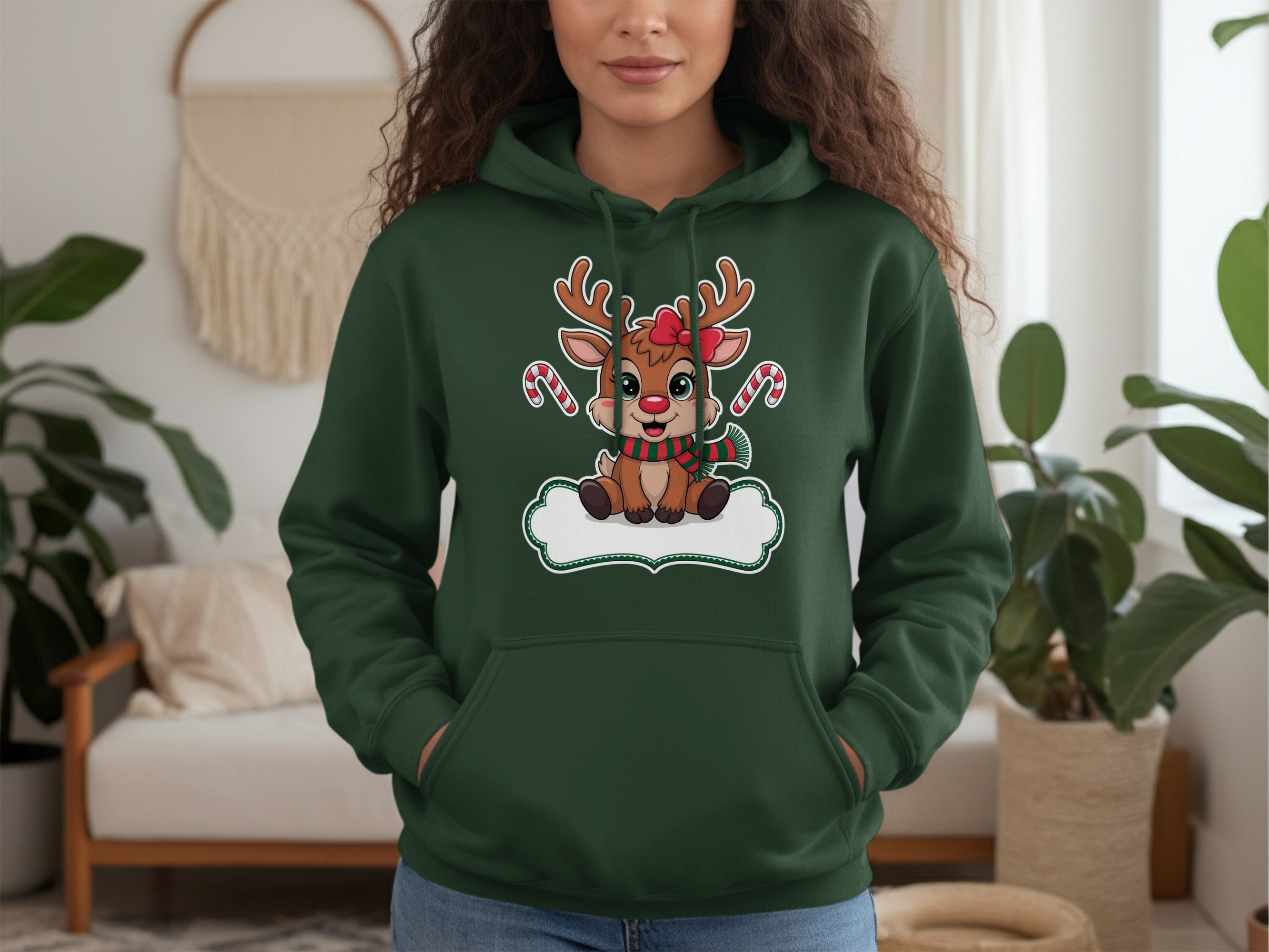Cute Festive Reindeer Hoodie with Candy Cane Decor