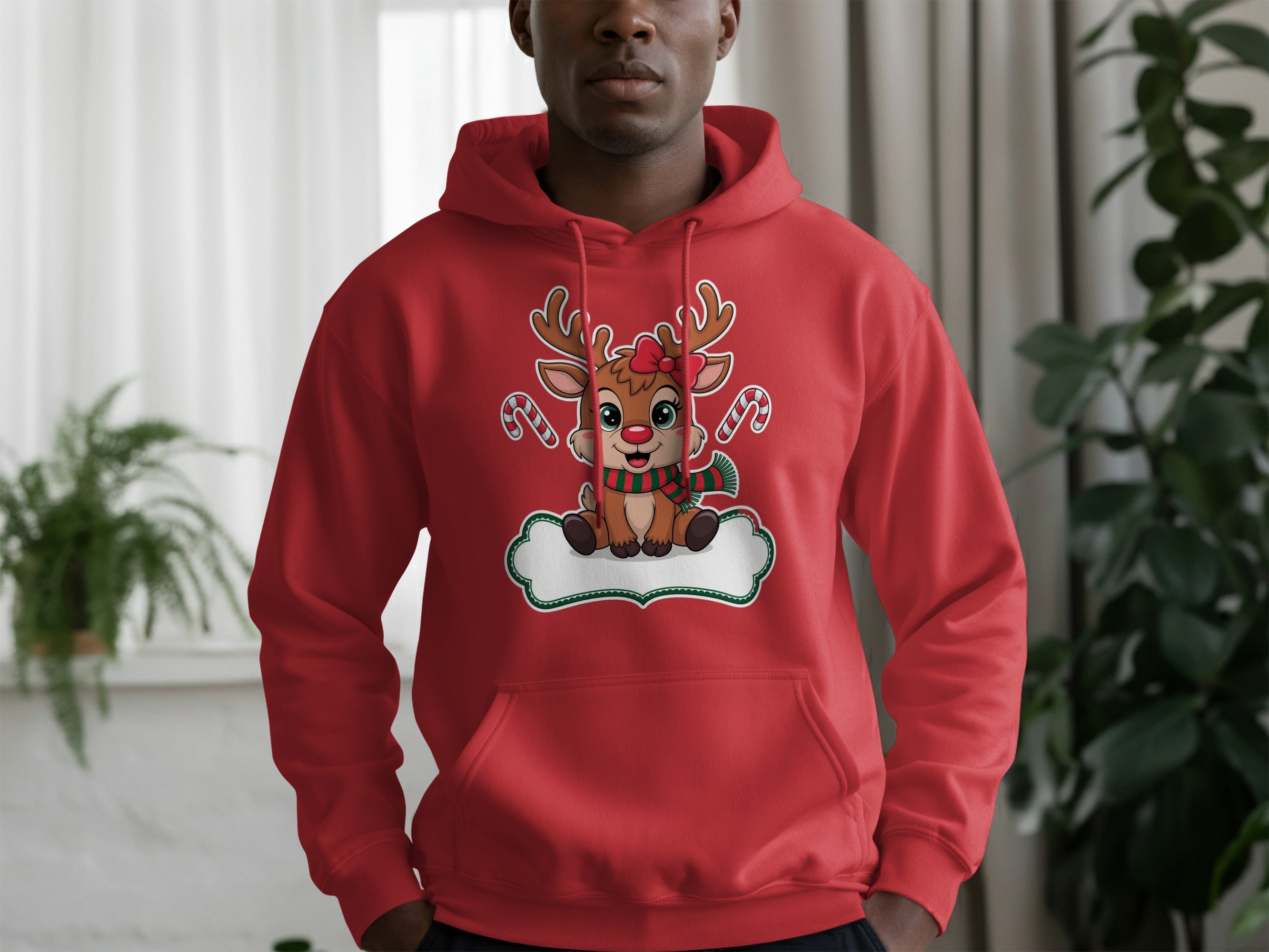 Festive Reindeer Hoodie with Candy Canes Design