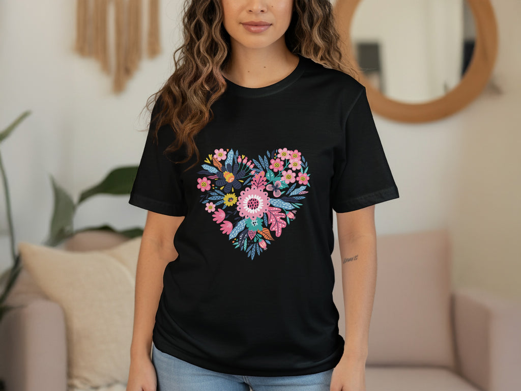 Floral Heart Design Tee with Colorful Pattern Shirt