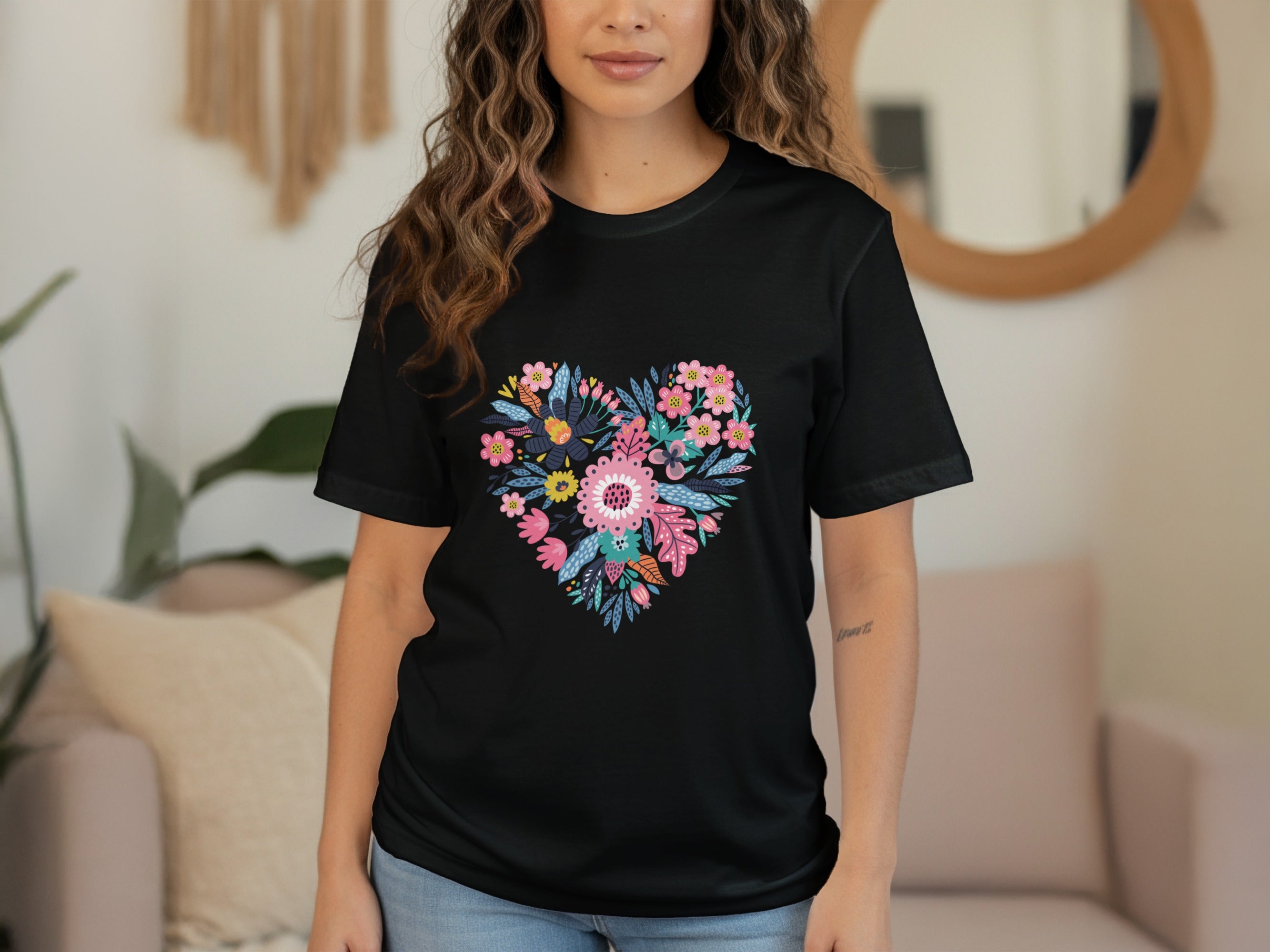Floral Heart Design Tee with Colorful Pattern Shirt