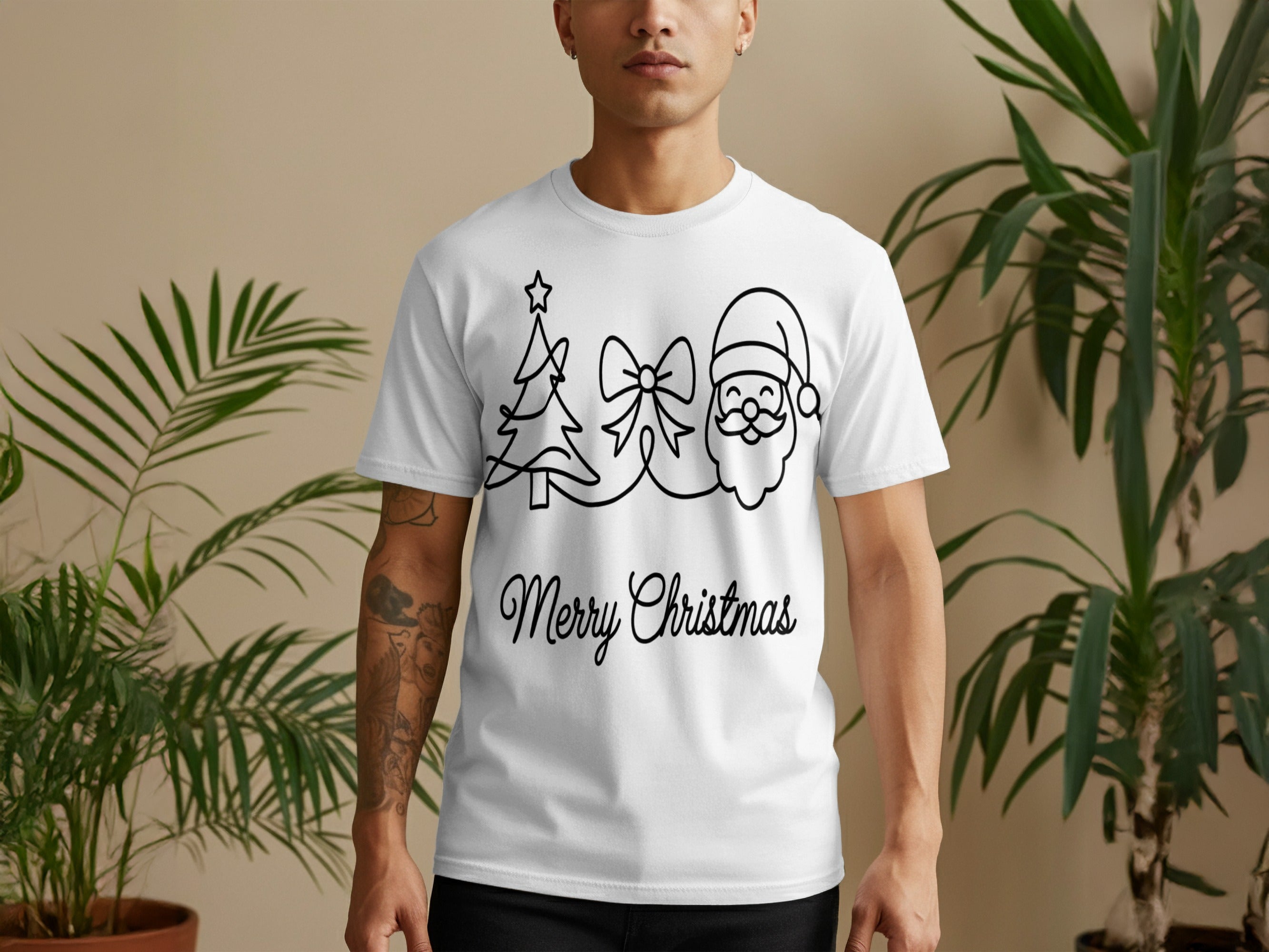 Merry Christmas T-Shirt with Santa and Tree Design