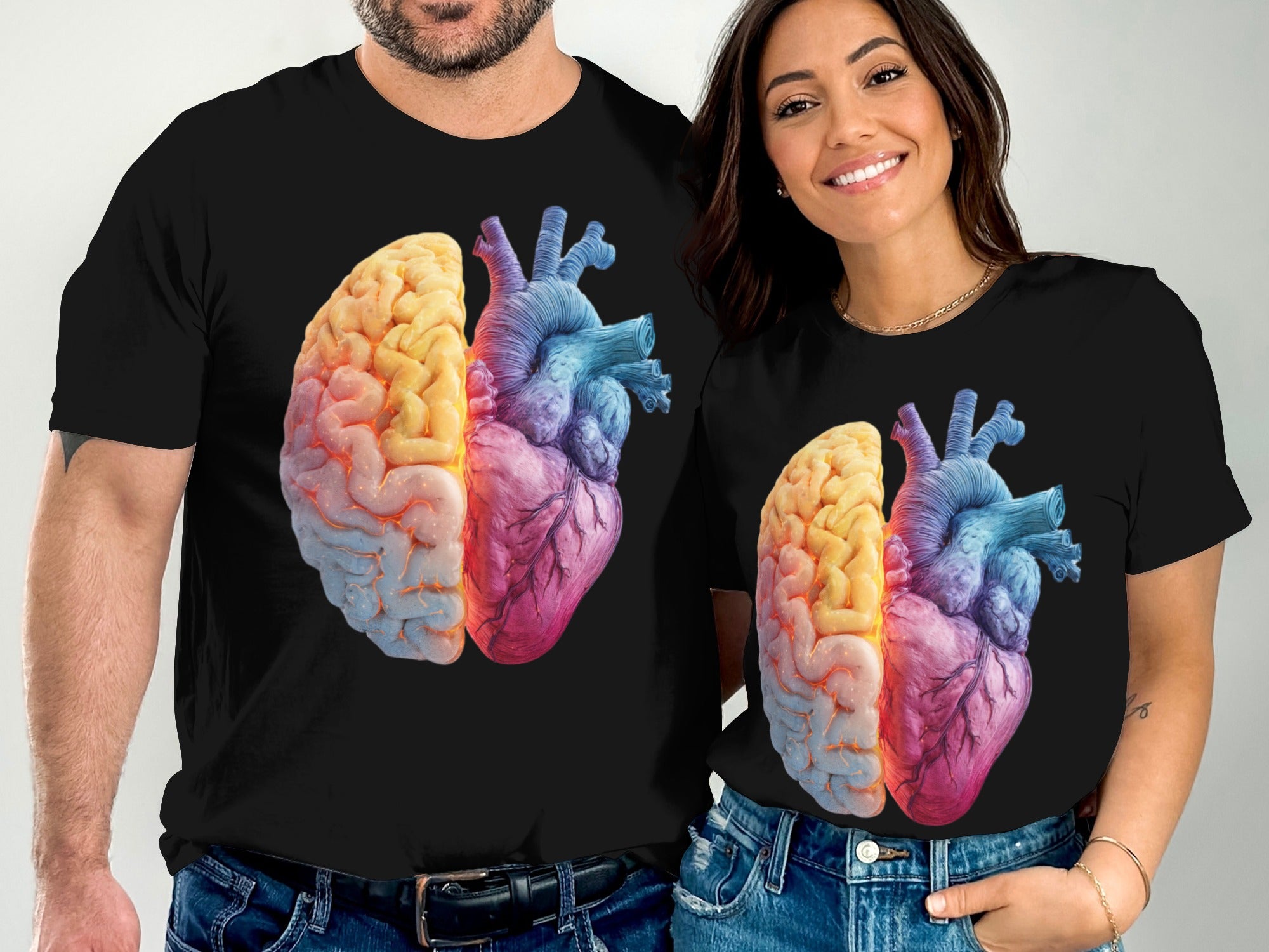 Unique Brain and Heart Print Design T-Shirt