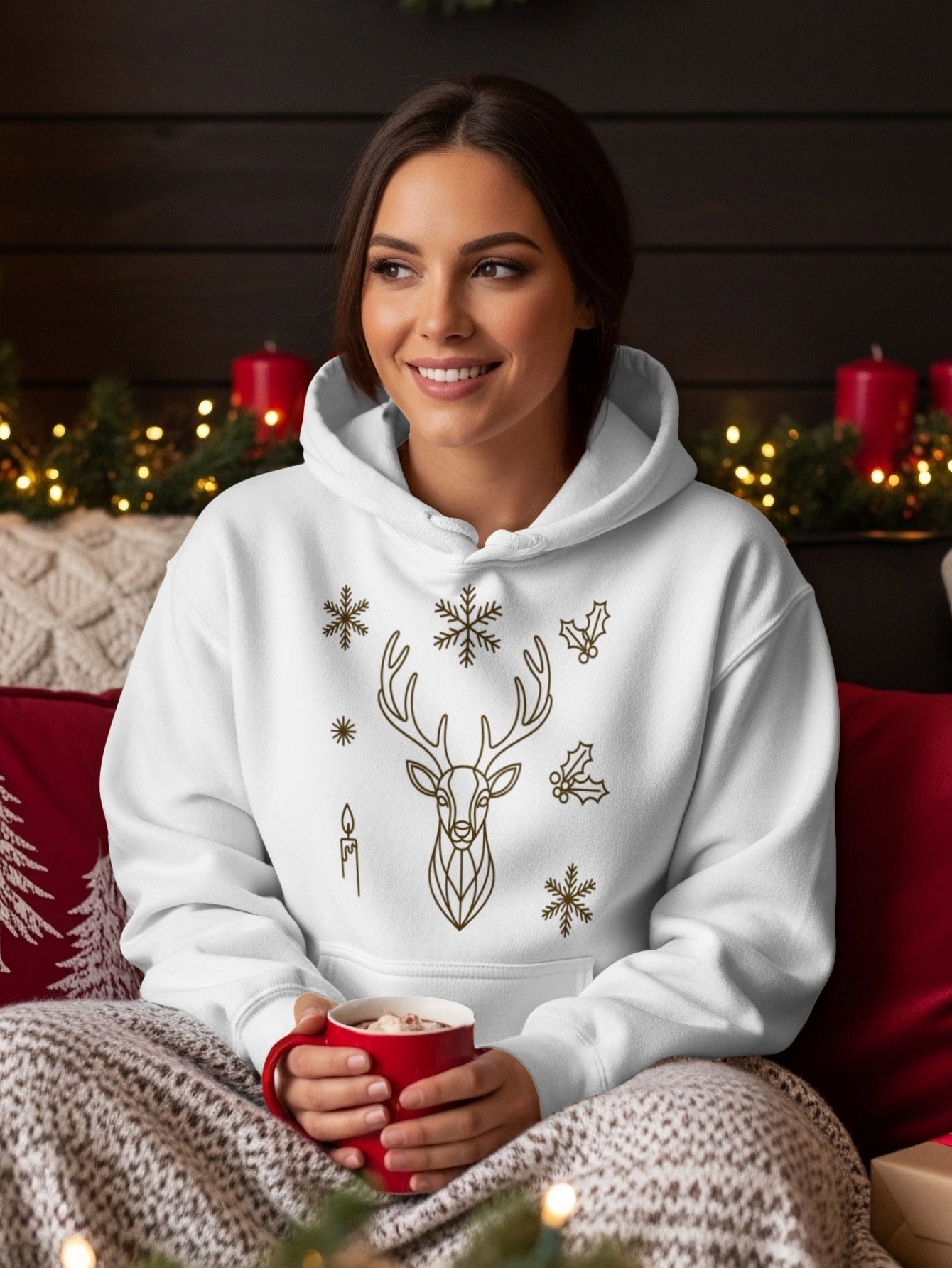 Cozy Christmas Hoodie with Holiday Deer and Snowflakes
