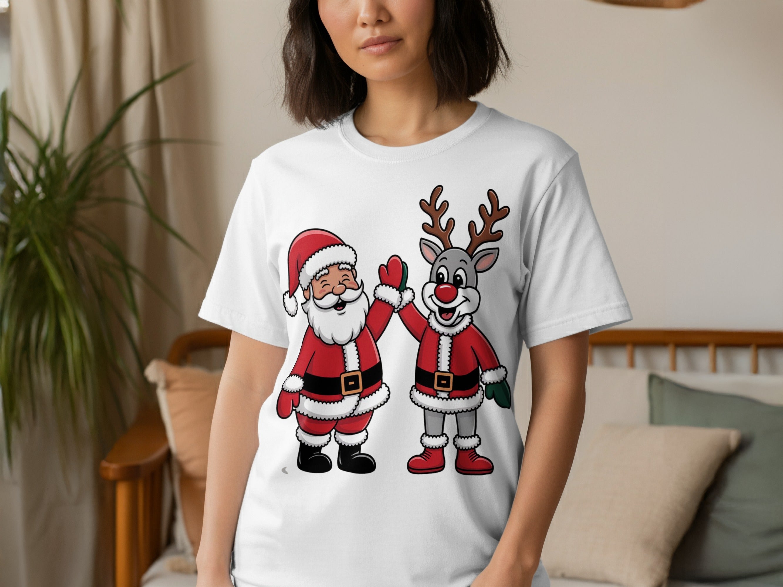 Cute Santa and Reindeer Graphic White T-Shirt