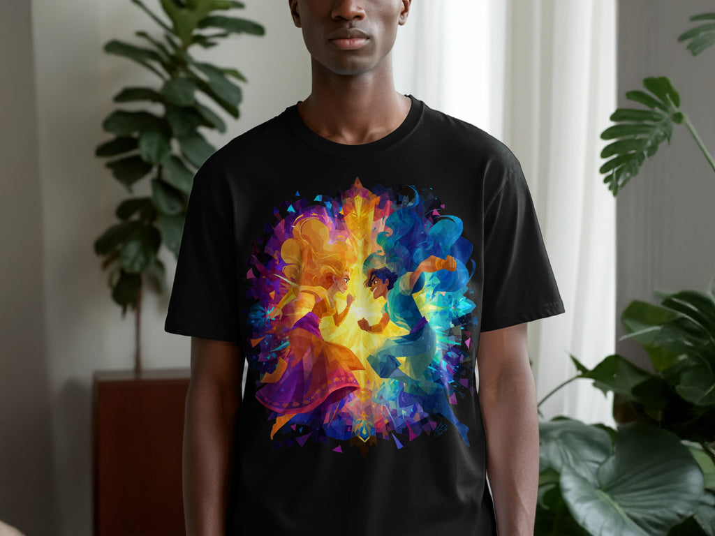 Fantasy art colorful graphic design on black t-shirt