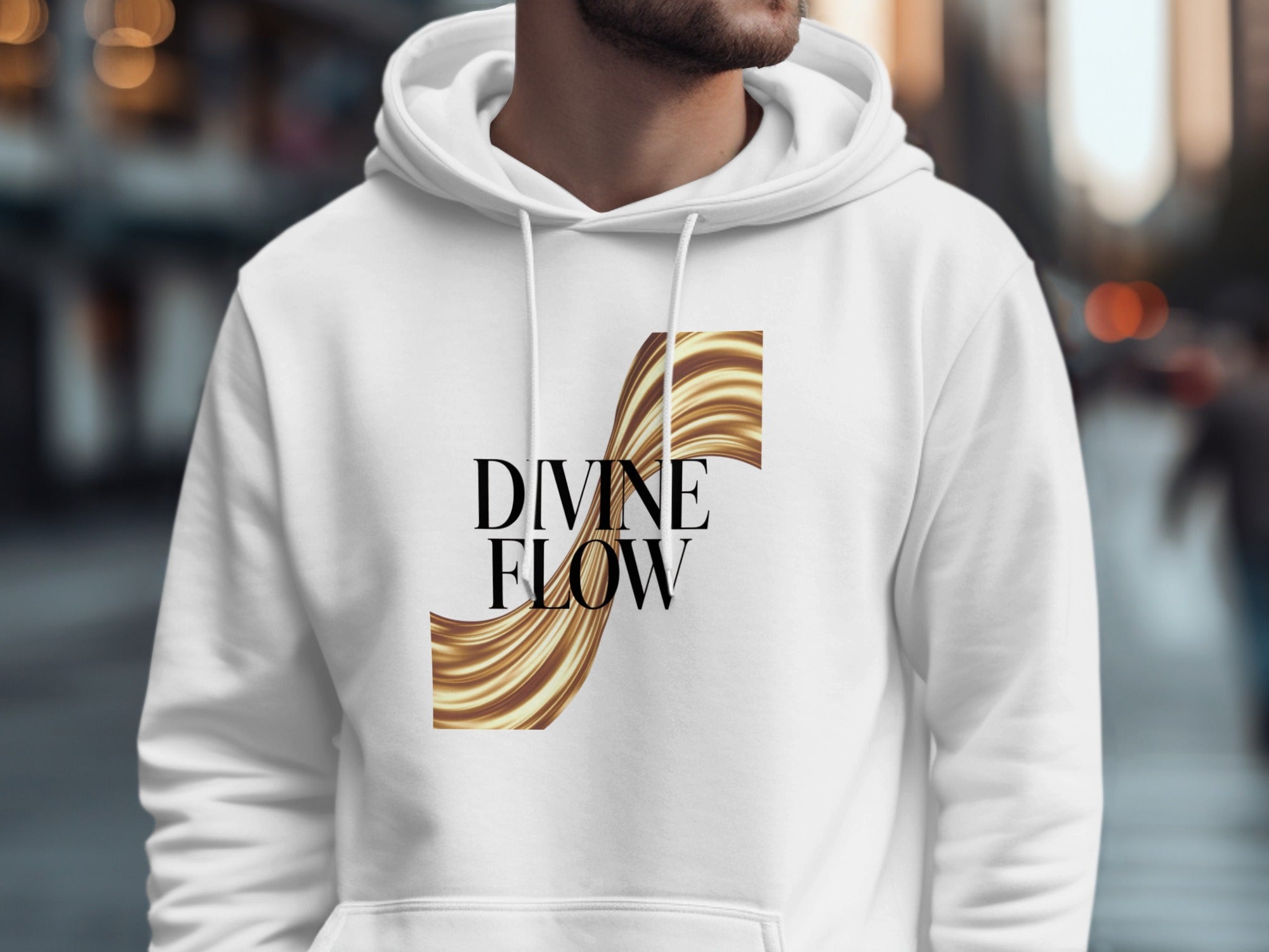 Stylish White Hoodie with Divine Flow Graphic Design