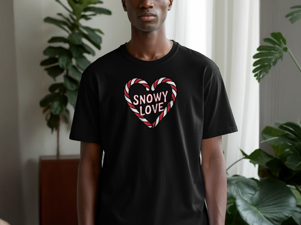 Snowy Love Heart Design Black T-shirt