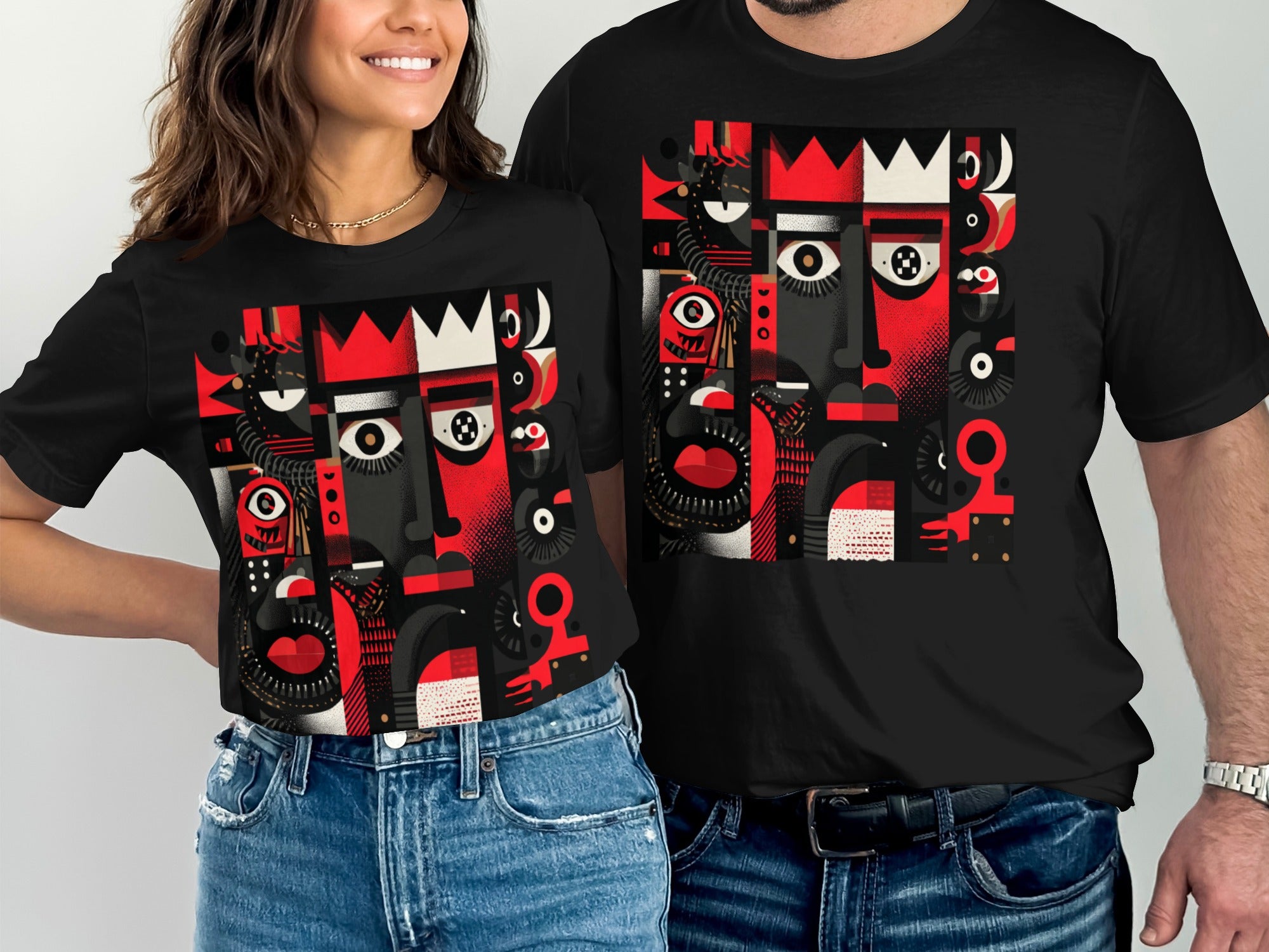 Artistic Red and Black Face Printed T-shirt