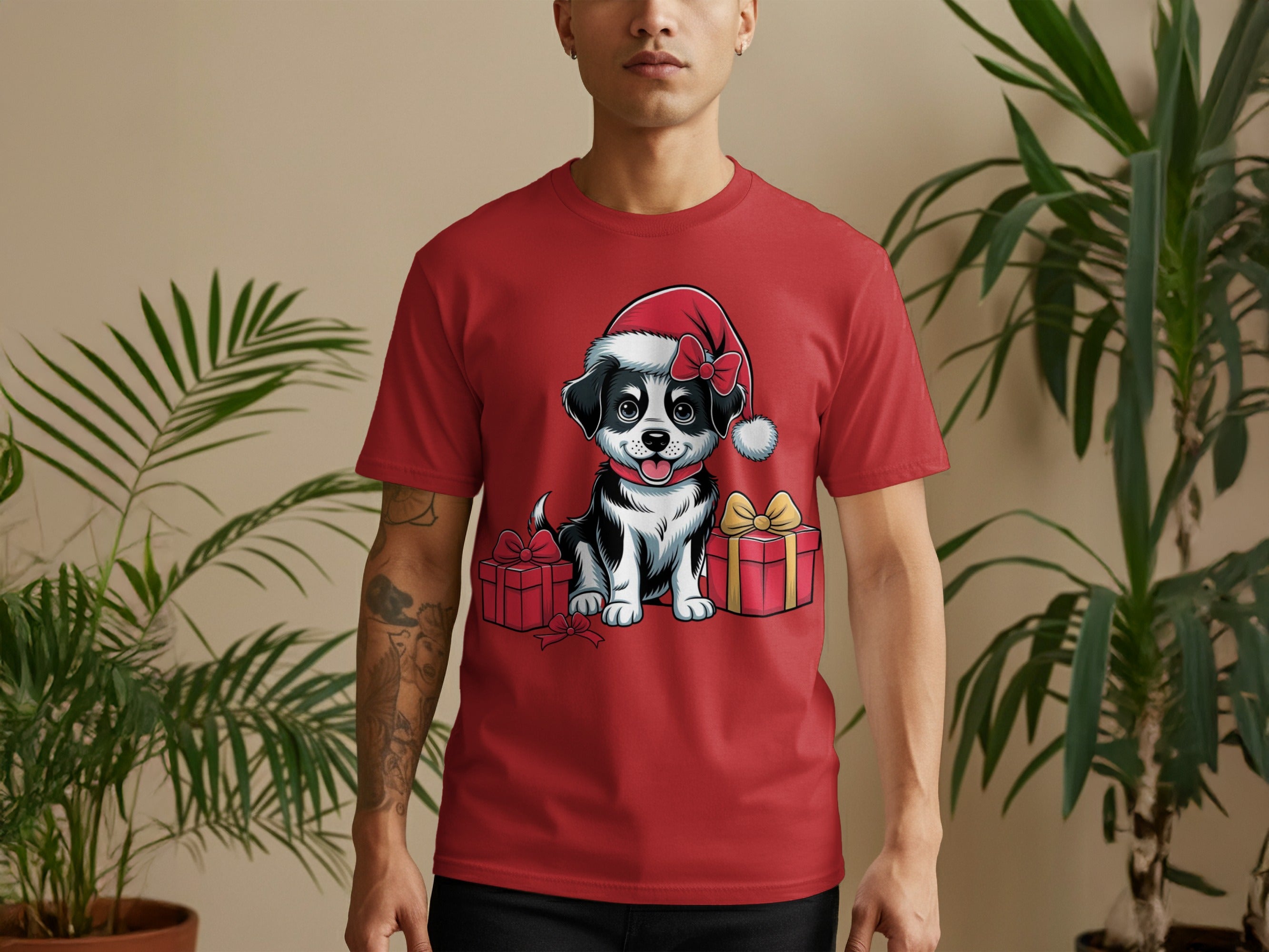 Festive Puppy with Santa Hat Christmas Presents T-shirt