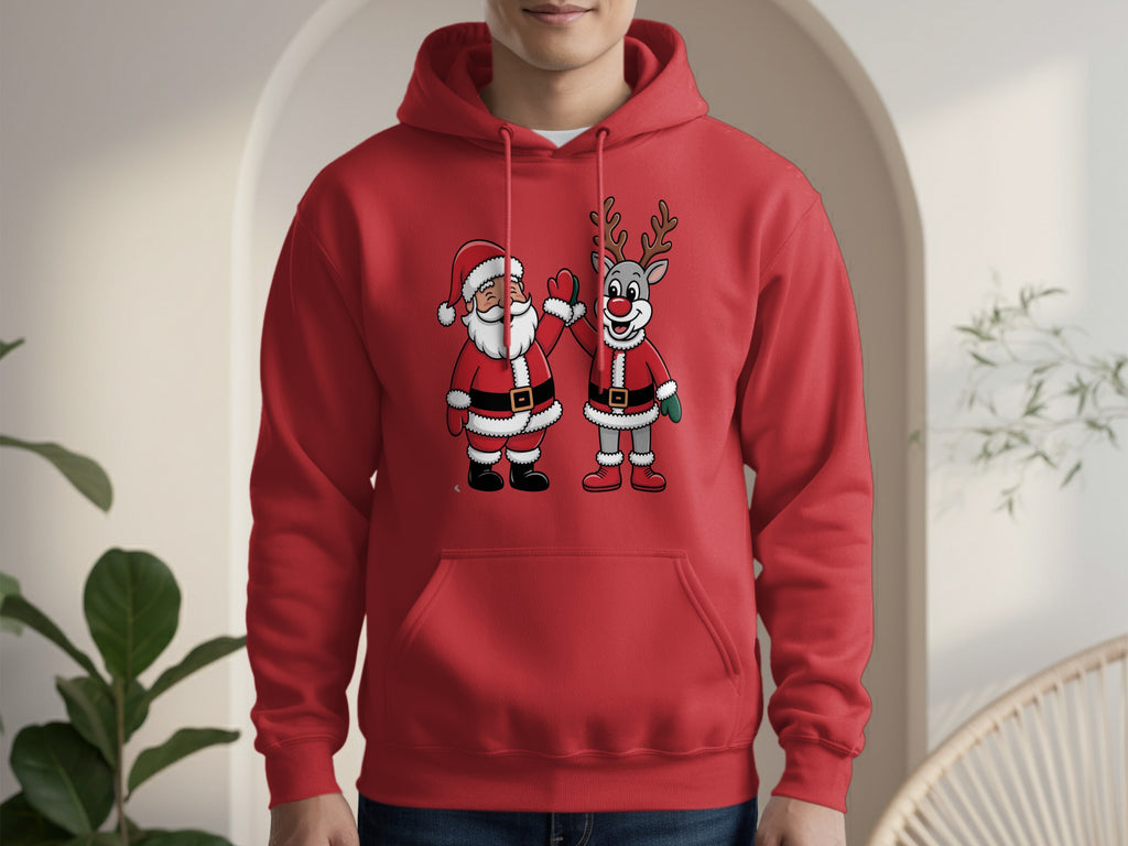 Festive Santa Claus and Reindeer Red Hoodie