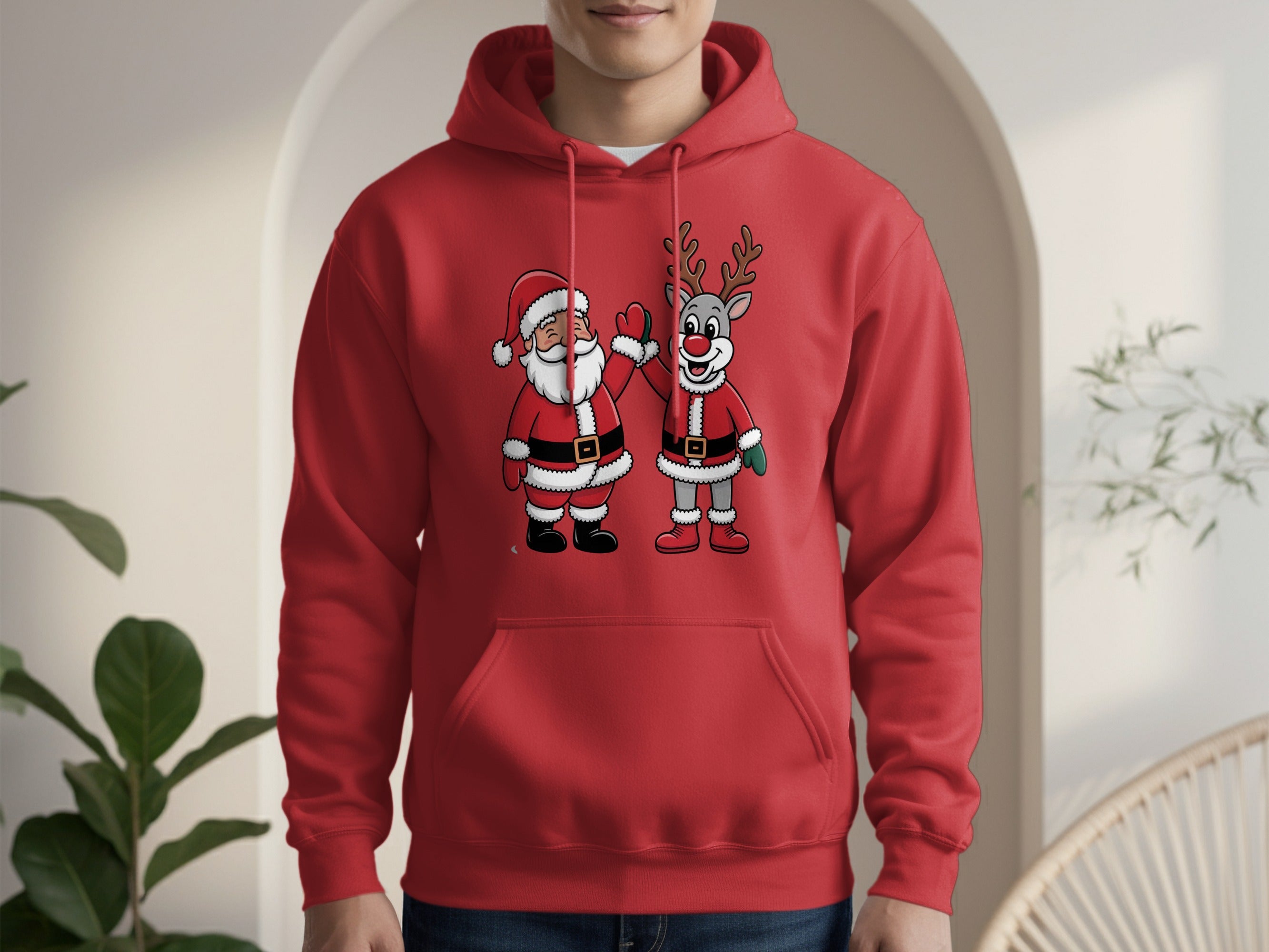 Festive Santa Claus and Reindeer Red Hoodie