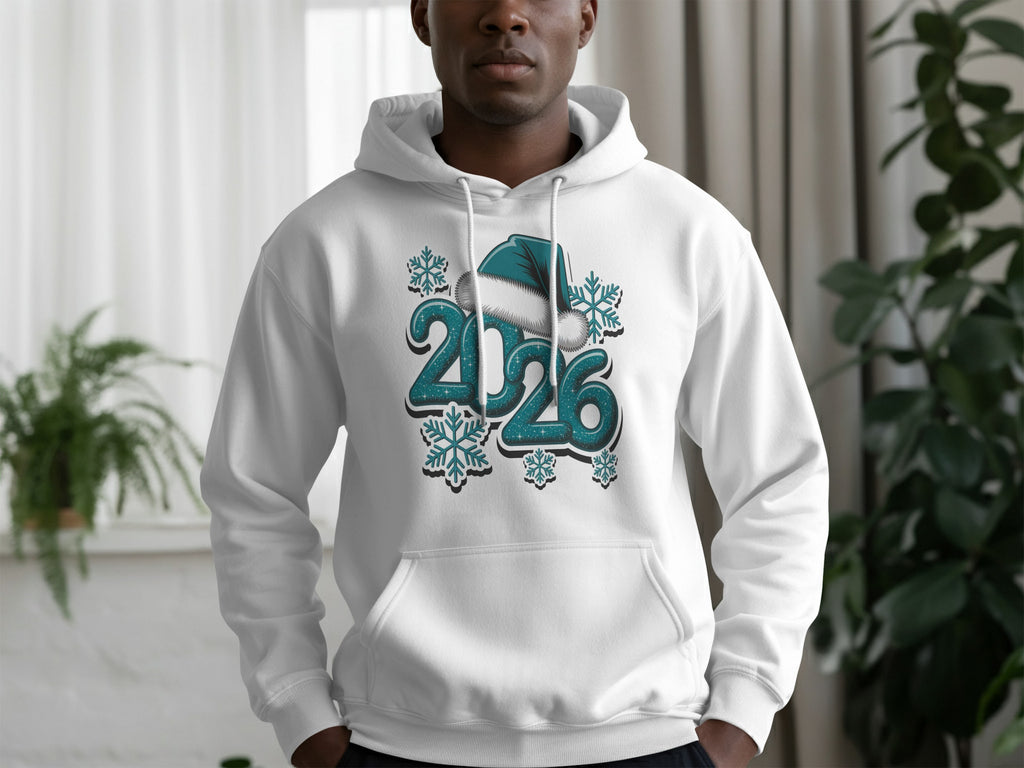 Teal 2026 Snowflakes Santa Hat Festive Hoodie
