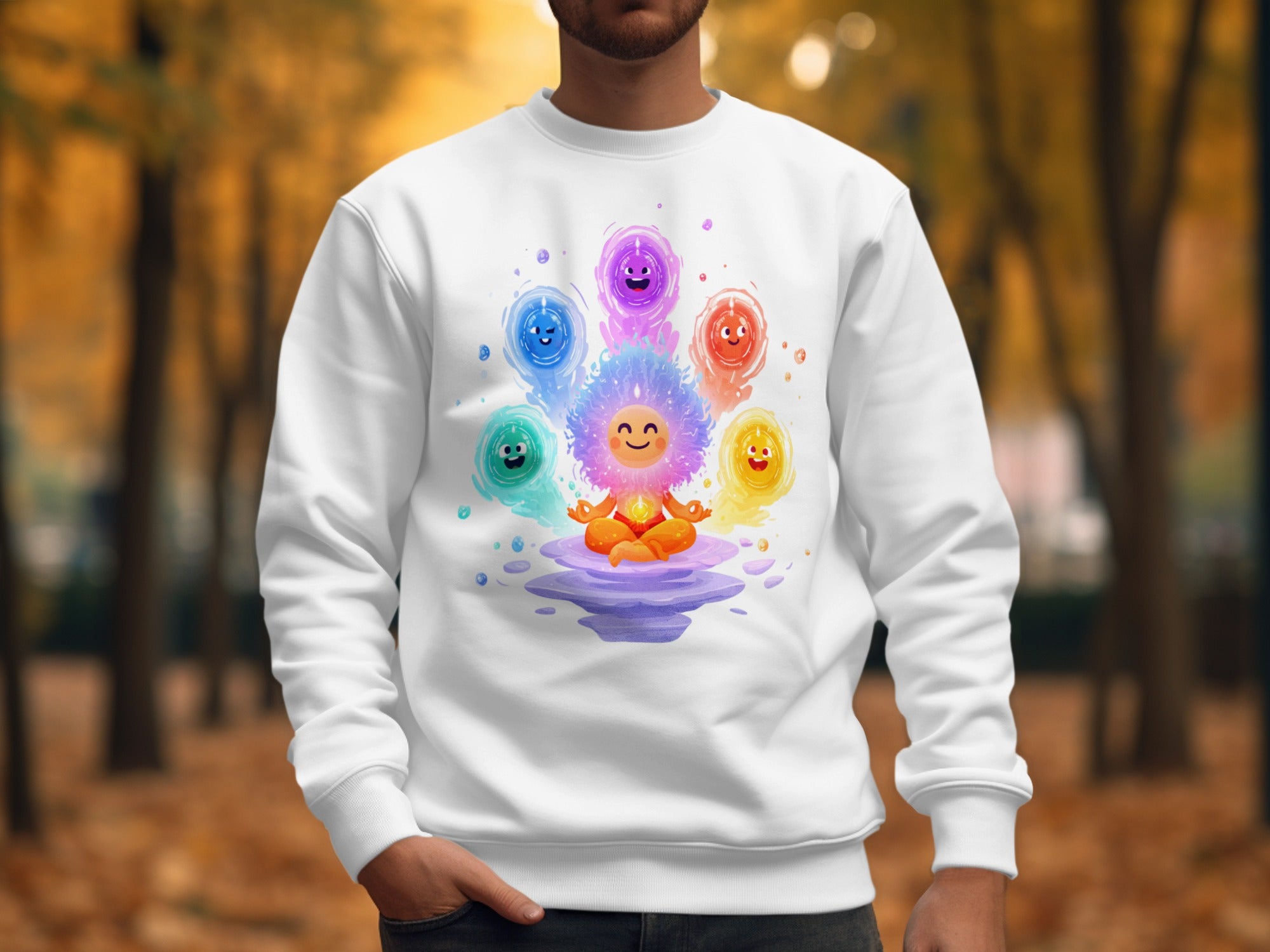 Colorful Meditation Design on White Sweatshirt