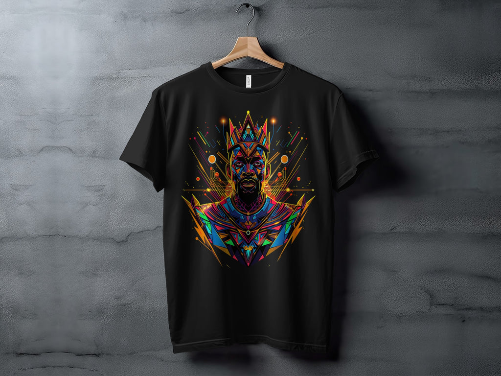 Vibrant Neon Tribal King Graphic Black T-shirt