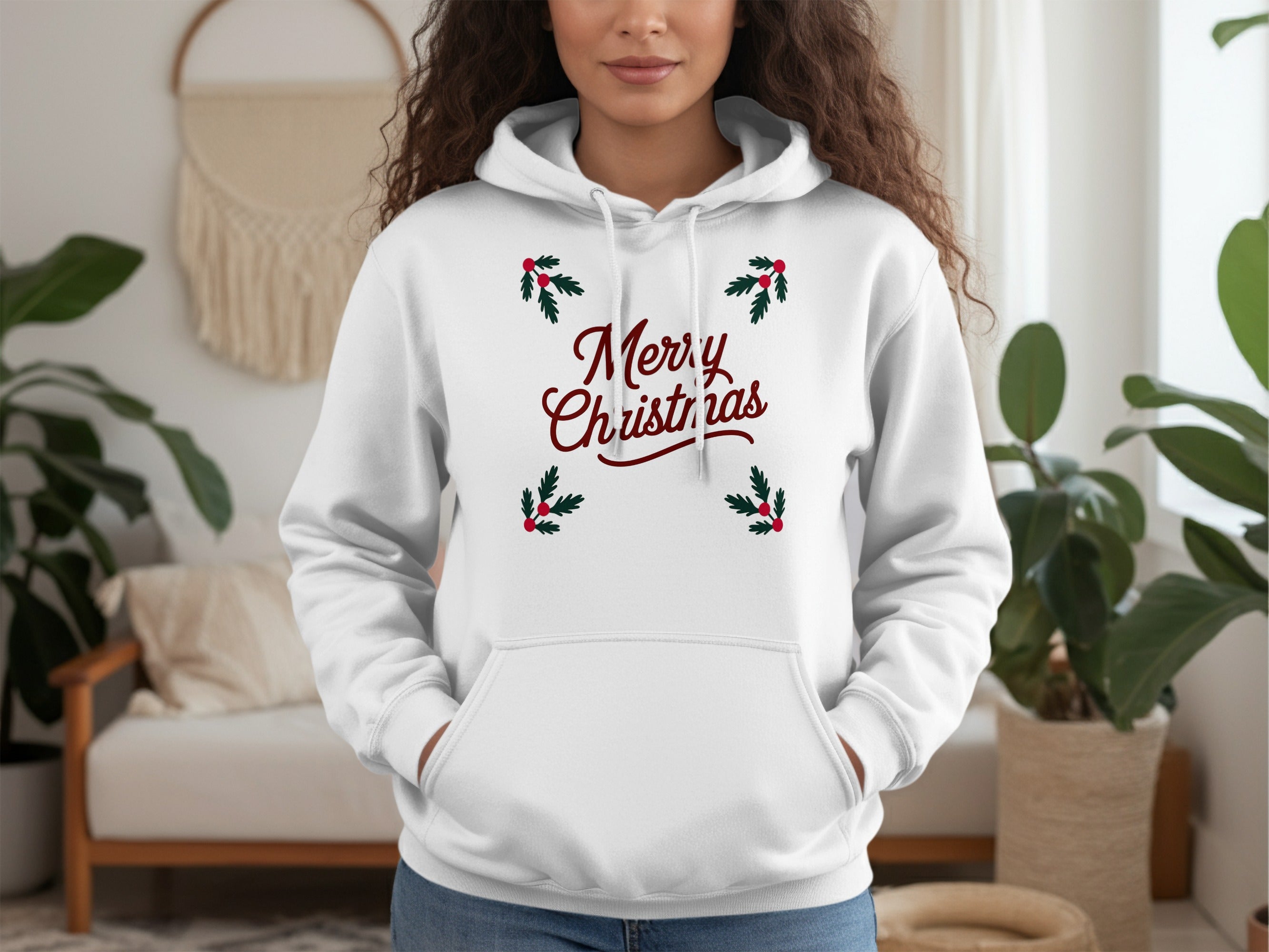 Festive Merry Christmas Hoodie with Holly Berry Design