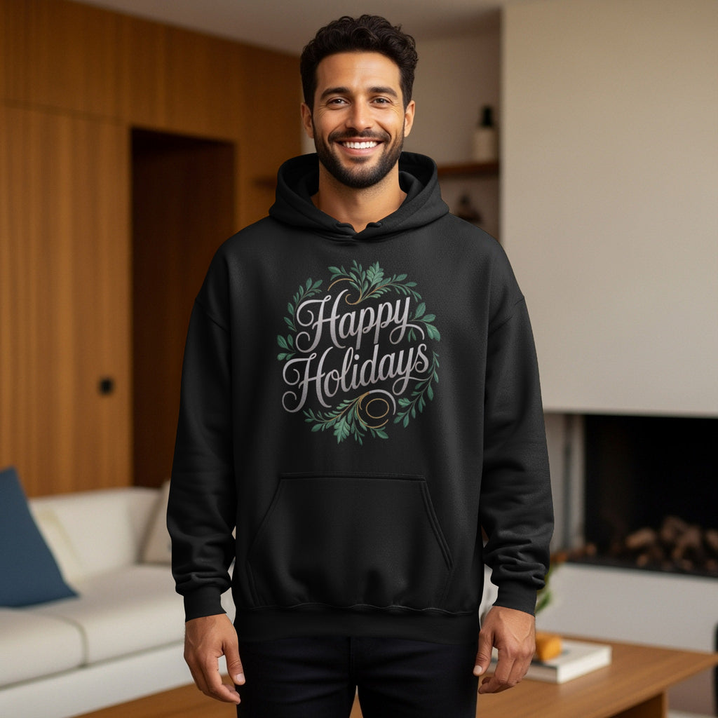 Festive Happy Holidays Hoodie With Decorative Wreath Design