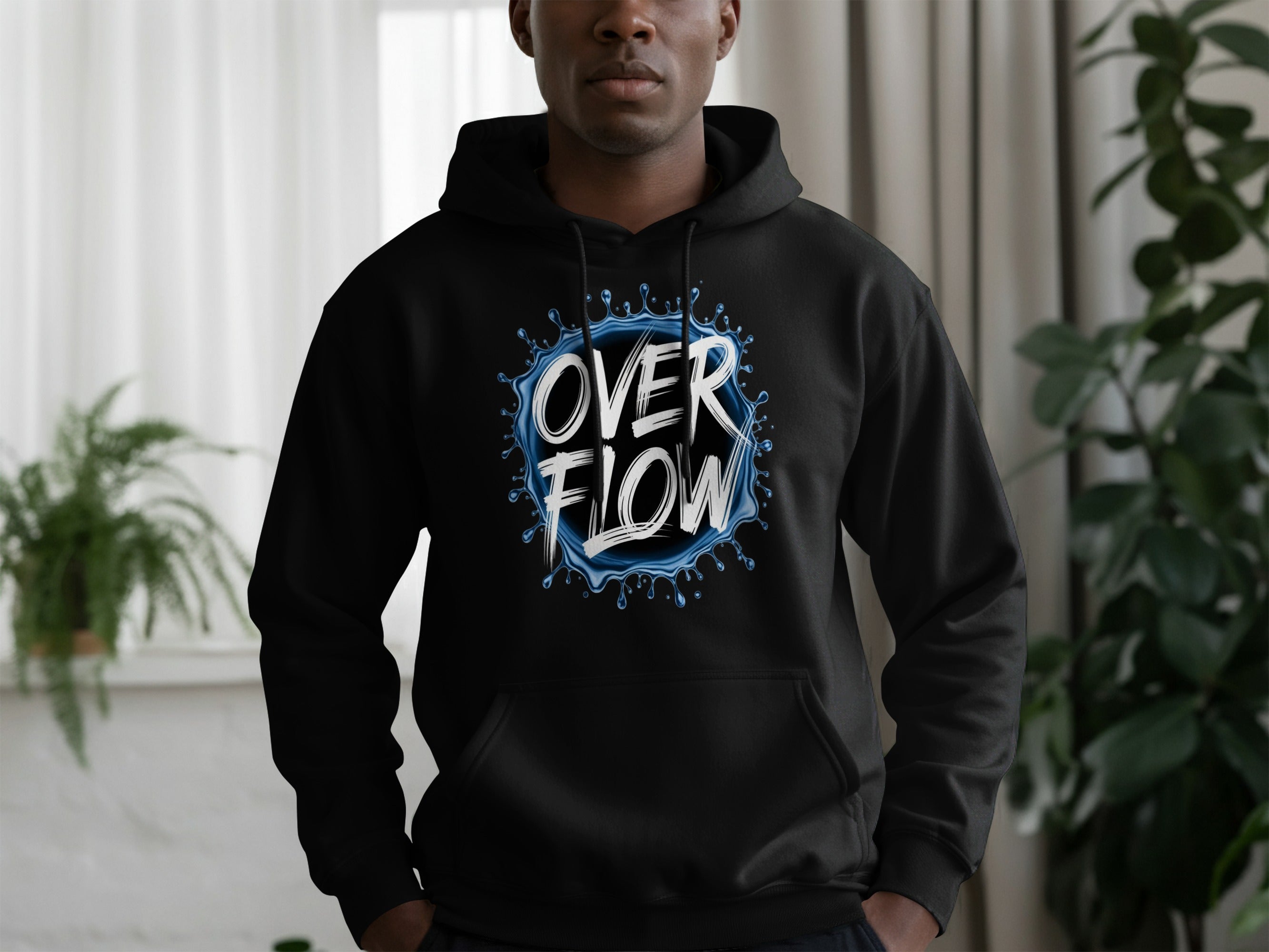 Stylish Black Hoodie with Overflow Graphic Design