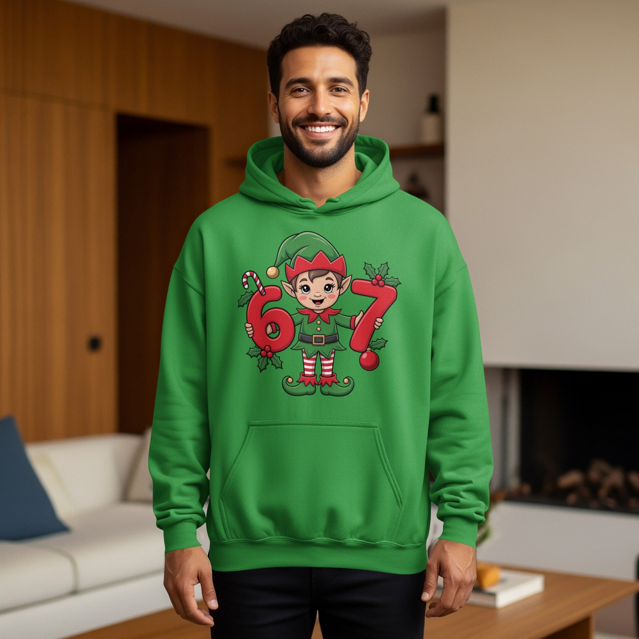 Festive Christmas Elf Hooded Sweatshirt with Number 67