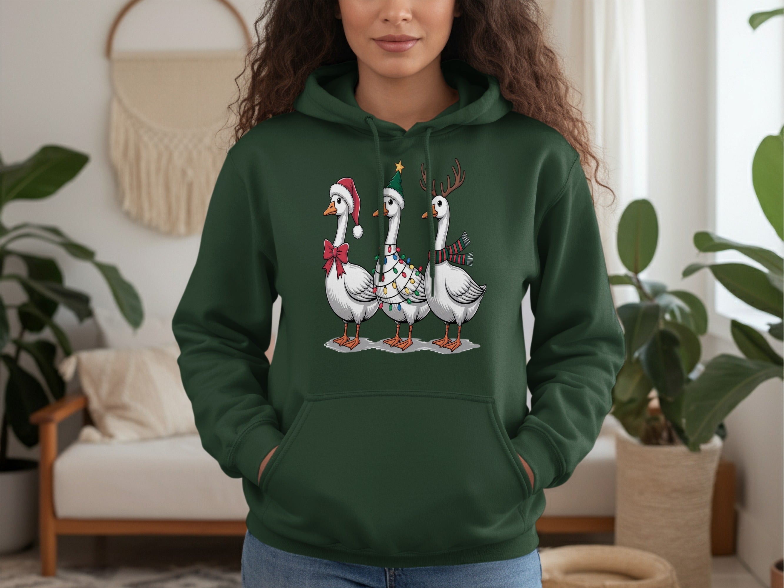 Three Geese Christmas Hoodie with Festive Decorations