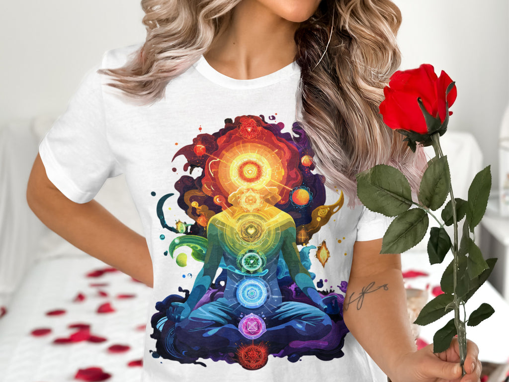 Vibrant Chakra Meditation Artwork on White Shirt