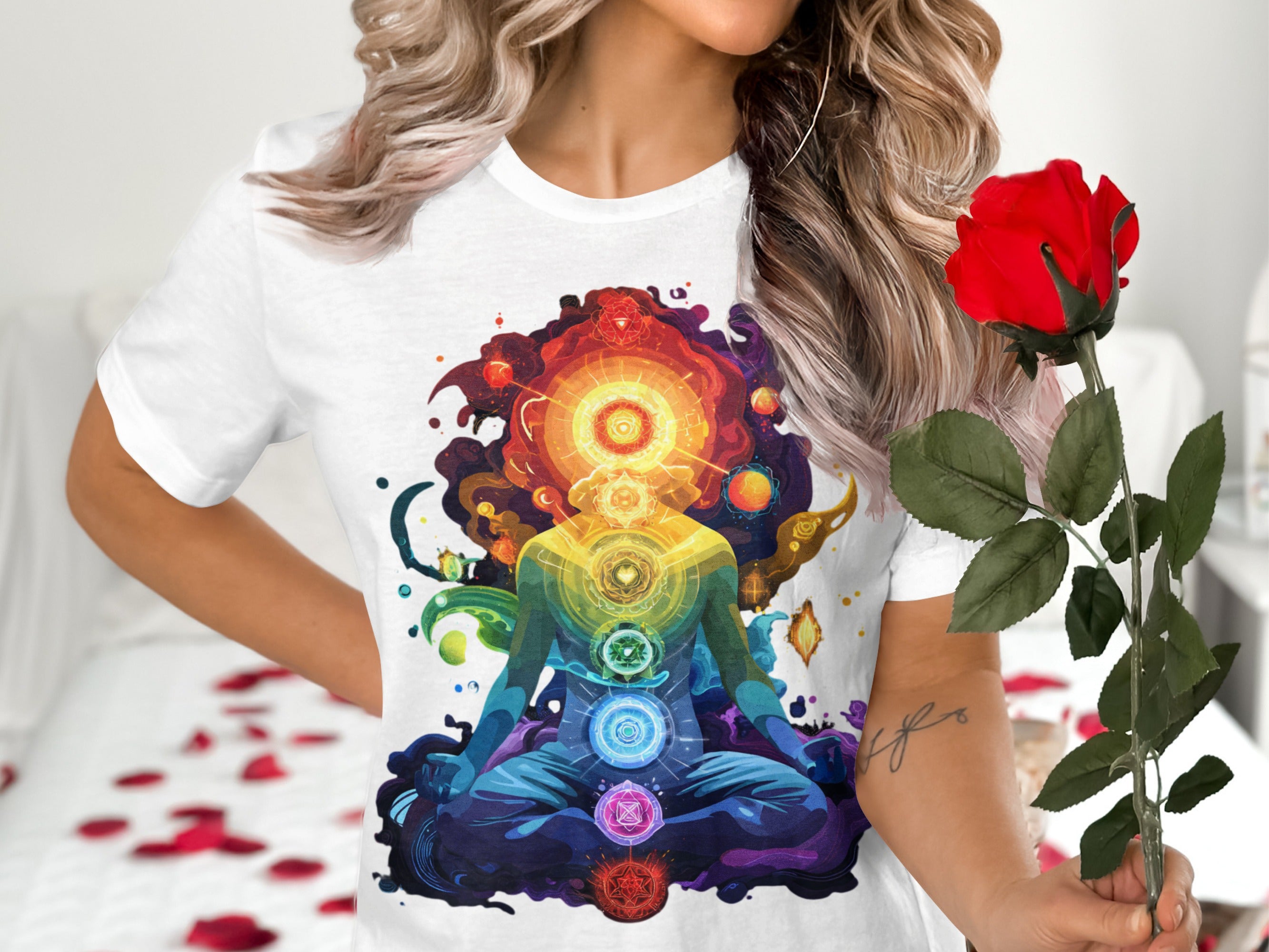 Vibrant Chakra Meditation Artwork on White Shirt