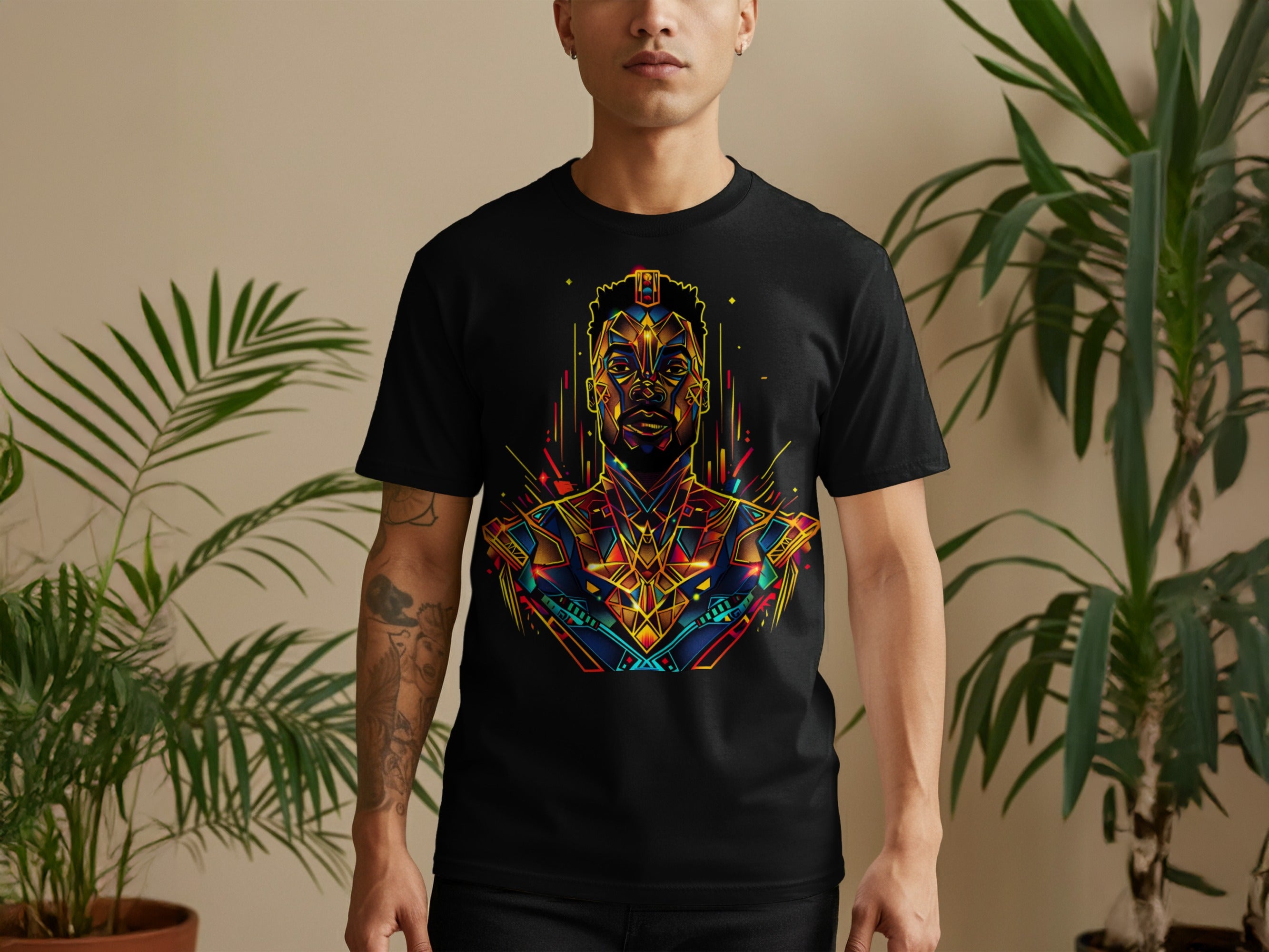 Vibrant Geometric Portrait Black T-shirt