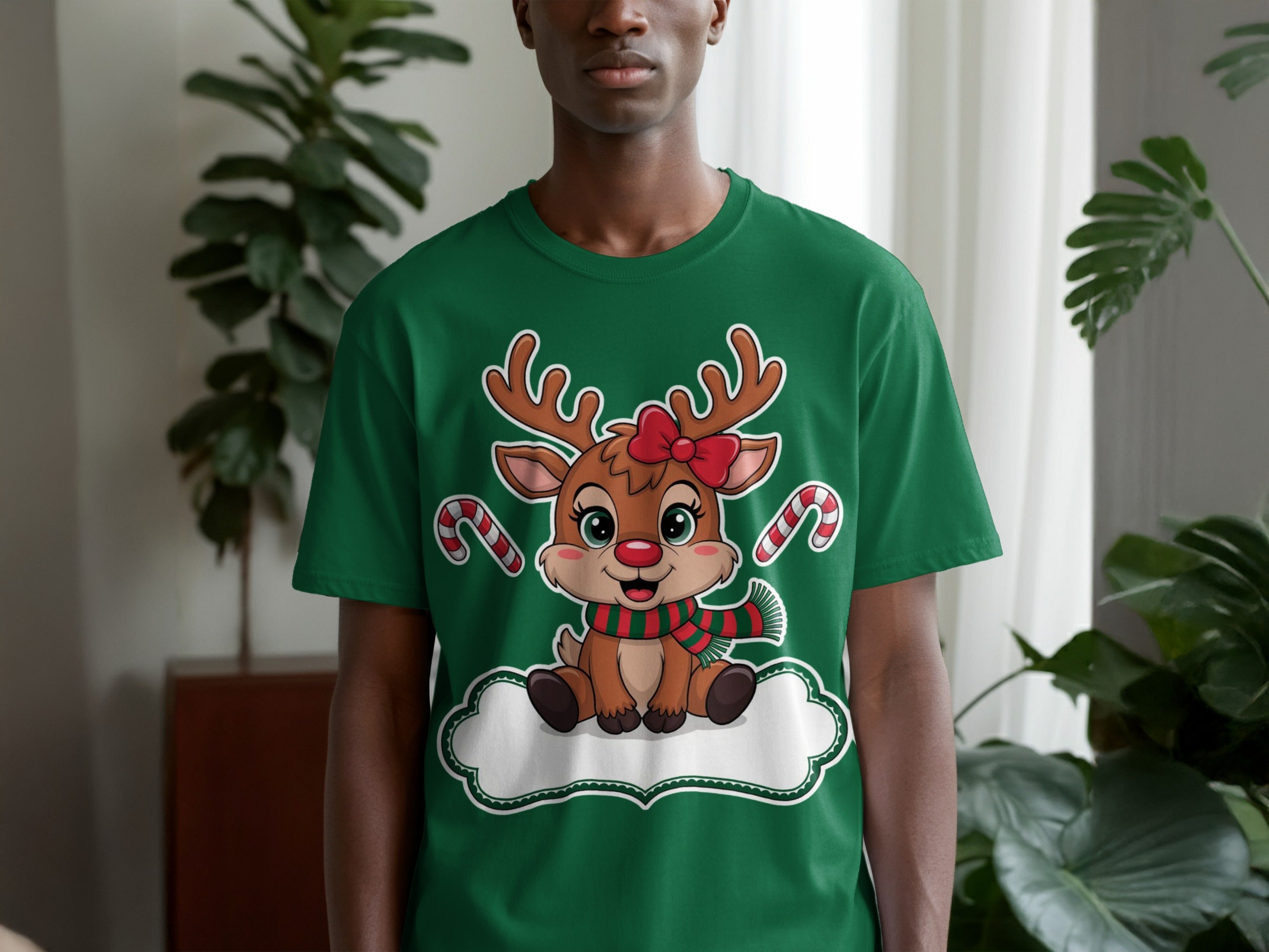 Cute Reindeer with Candy Canes Green Holiday Apparel