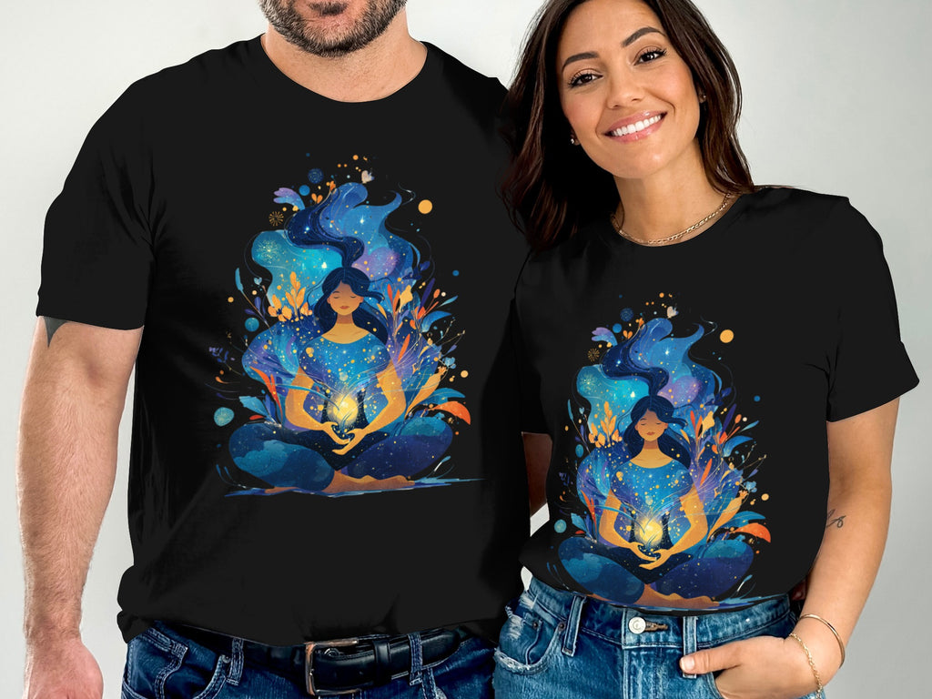 Cosmic Meditating Figure Design Printed Tshirt