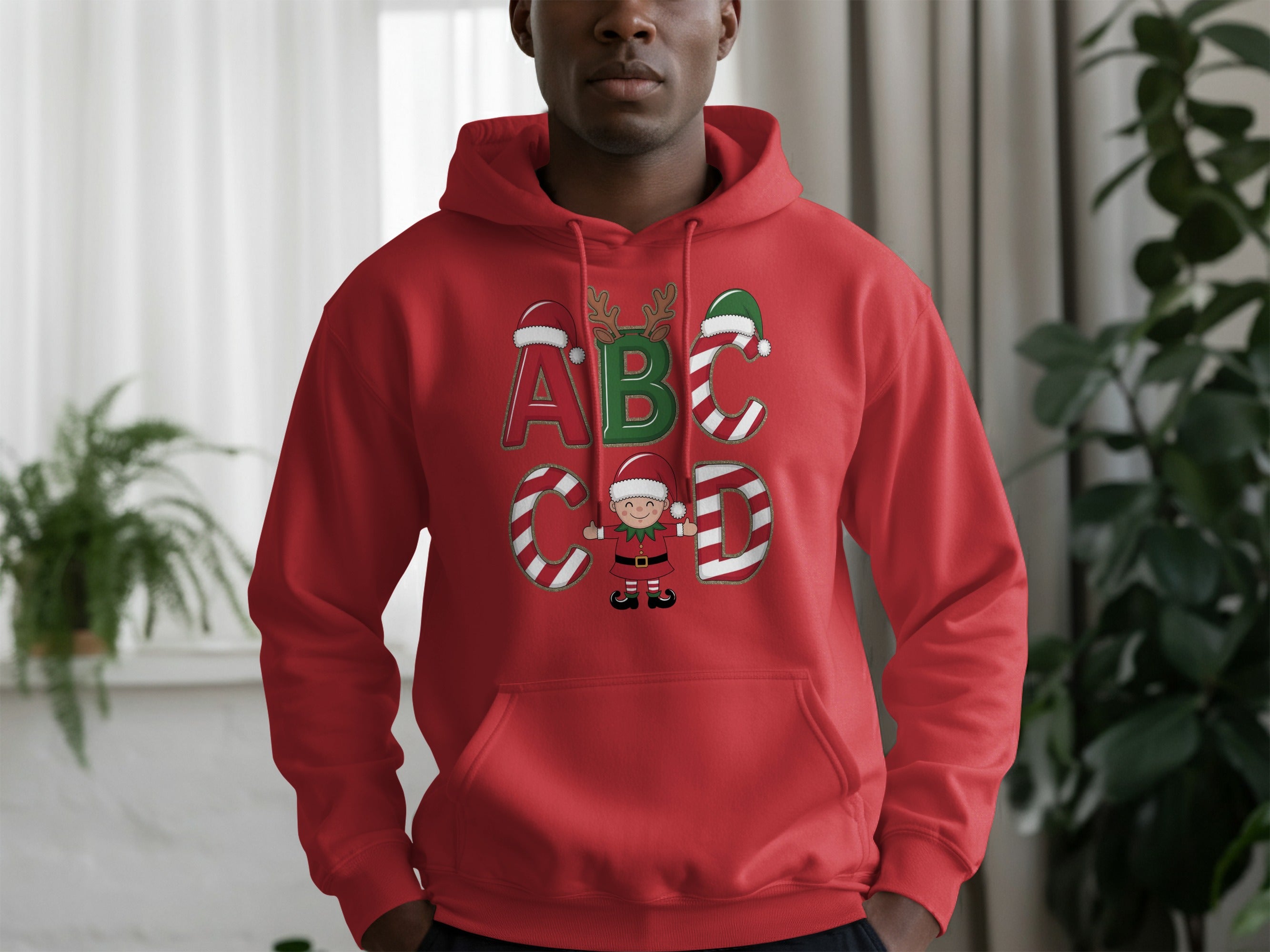 Festive ABCD Christmas Candy Cane Santa Hooded Sweatshirt
