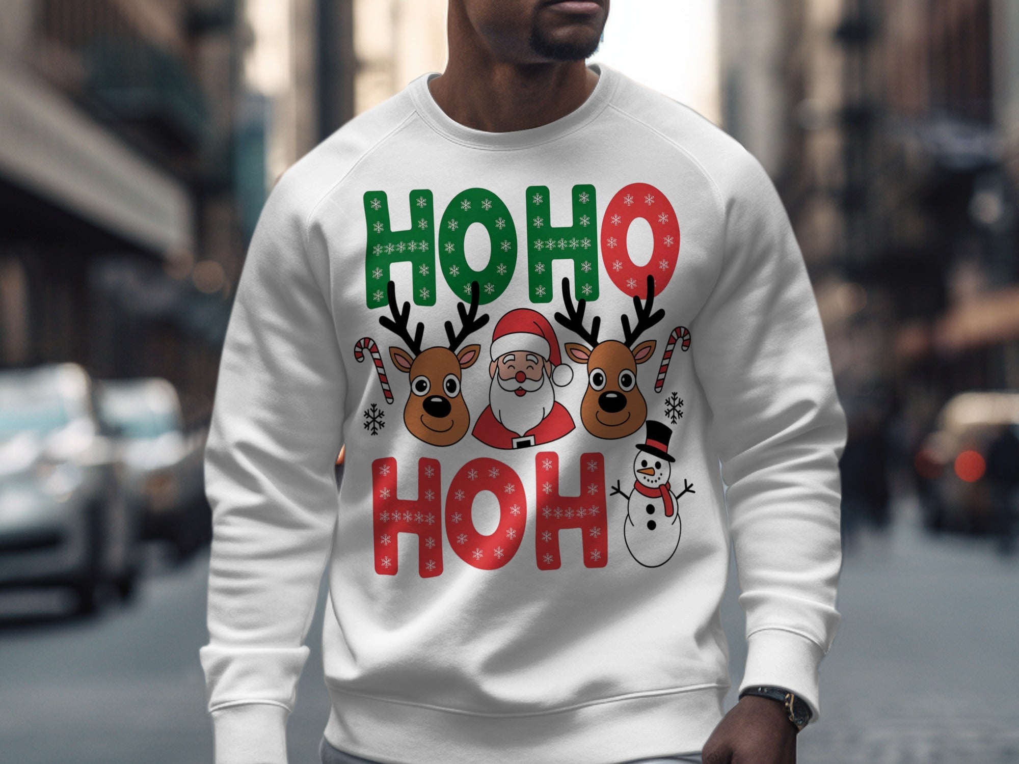 Festive Ho Ho Ho Santa Reindeer Snowman Sweatshirt
