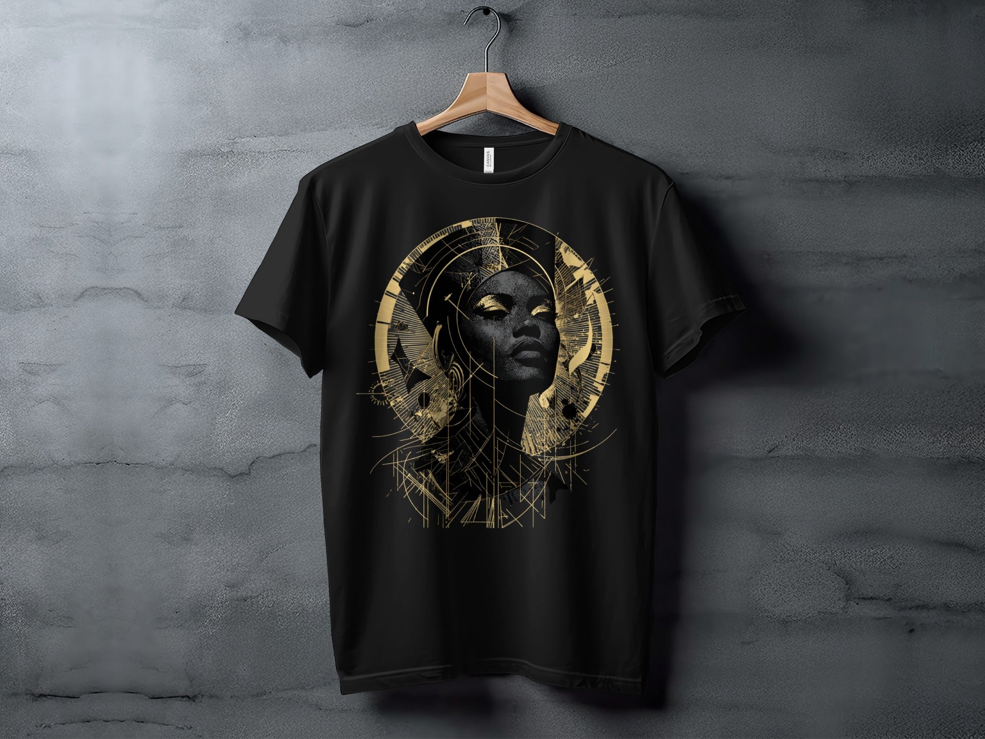 Golden Abstract Woman Graphic on Black T-shirt