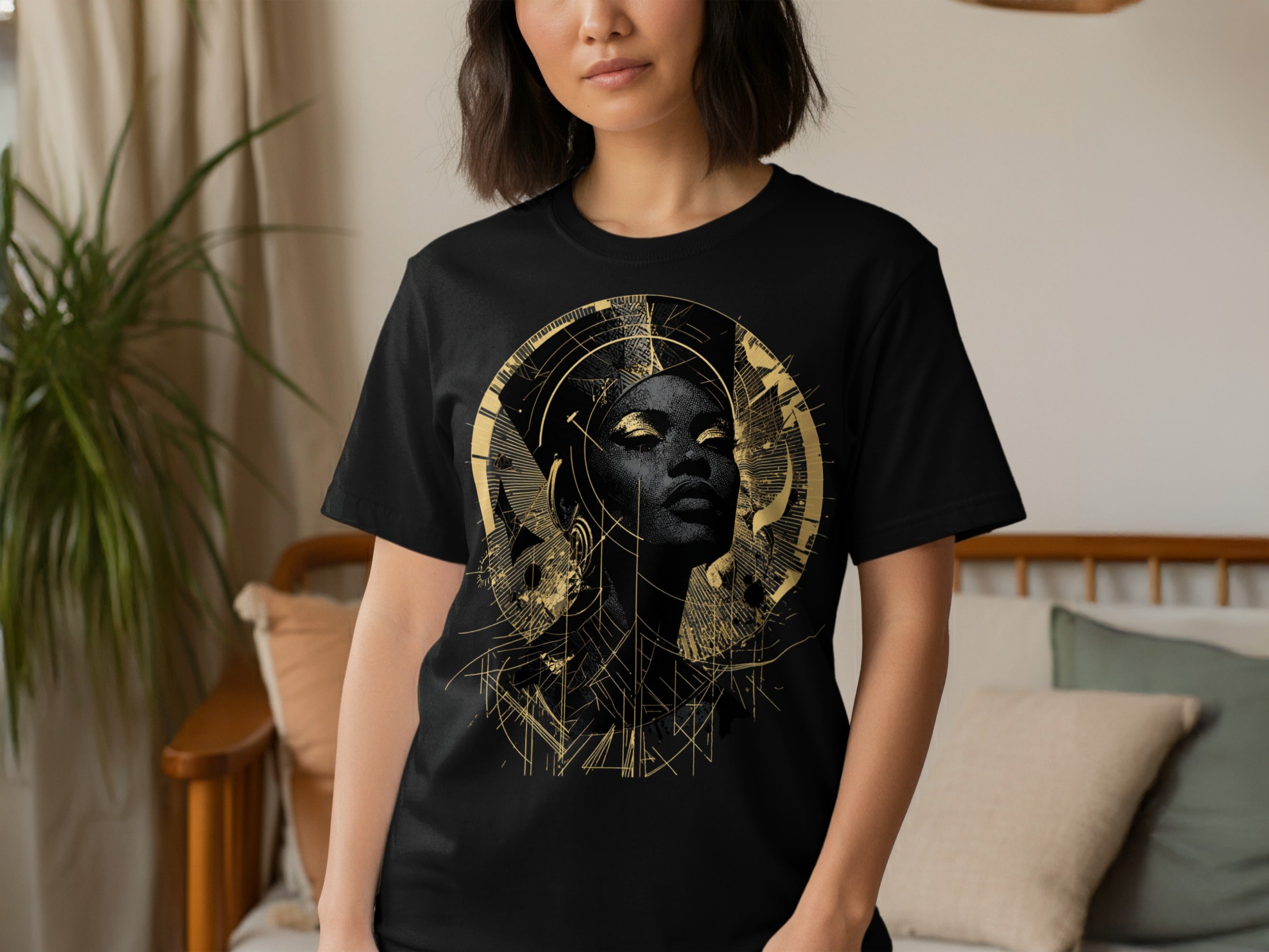 Fashionable Black T-Shirt with Gold Artistic Female Design