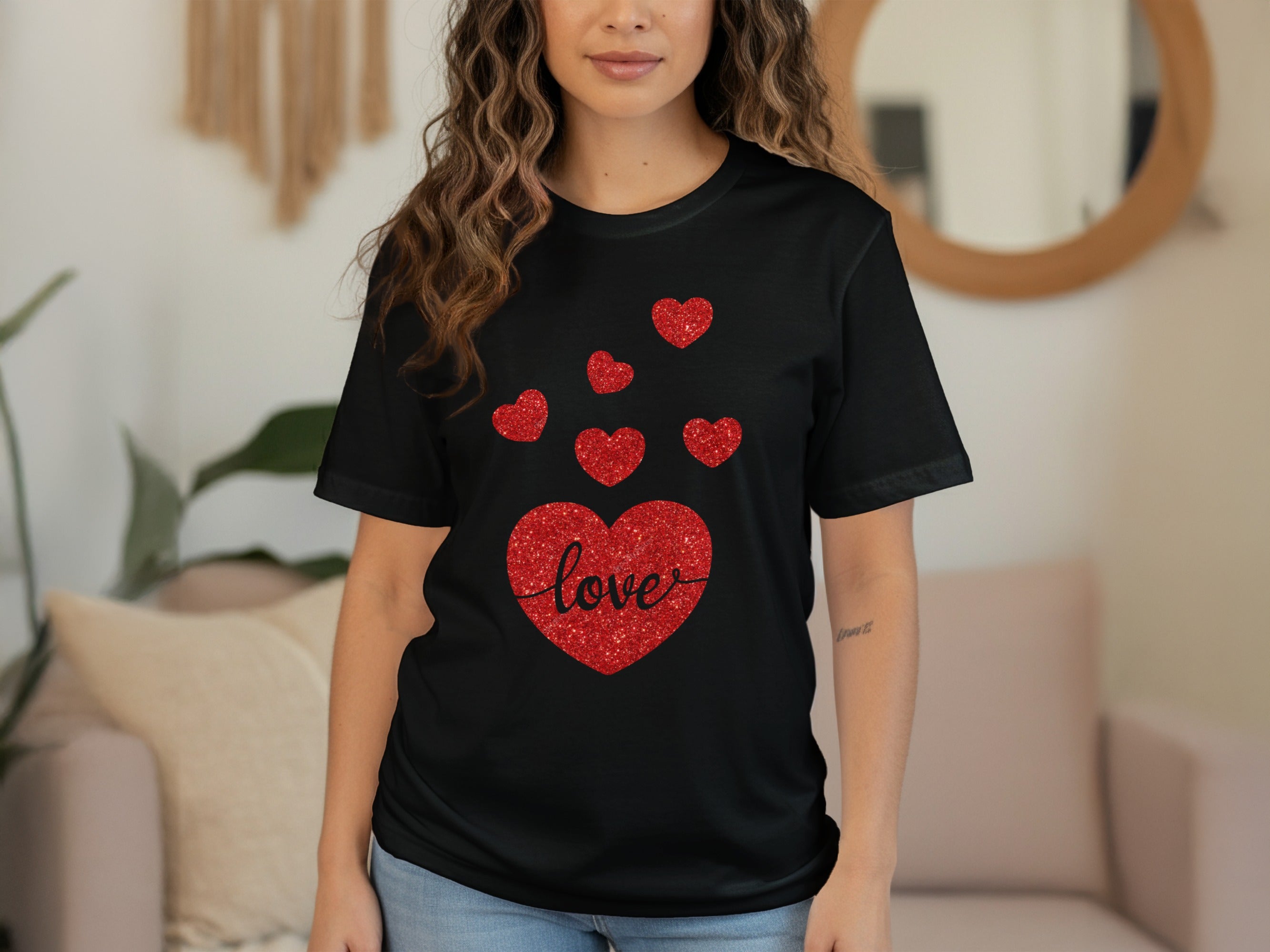 Love Heart Red Glitter Design on Black Apparel Product