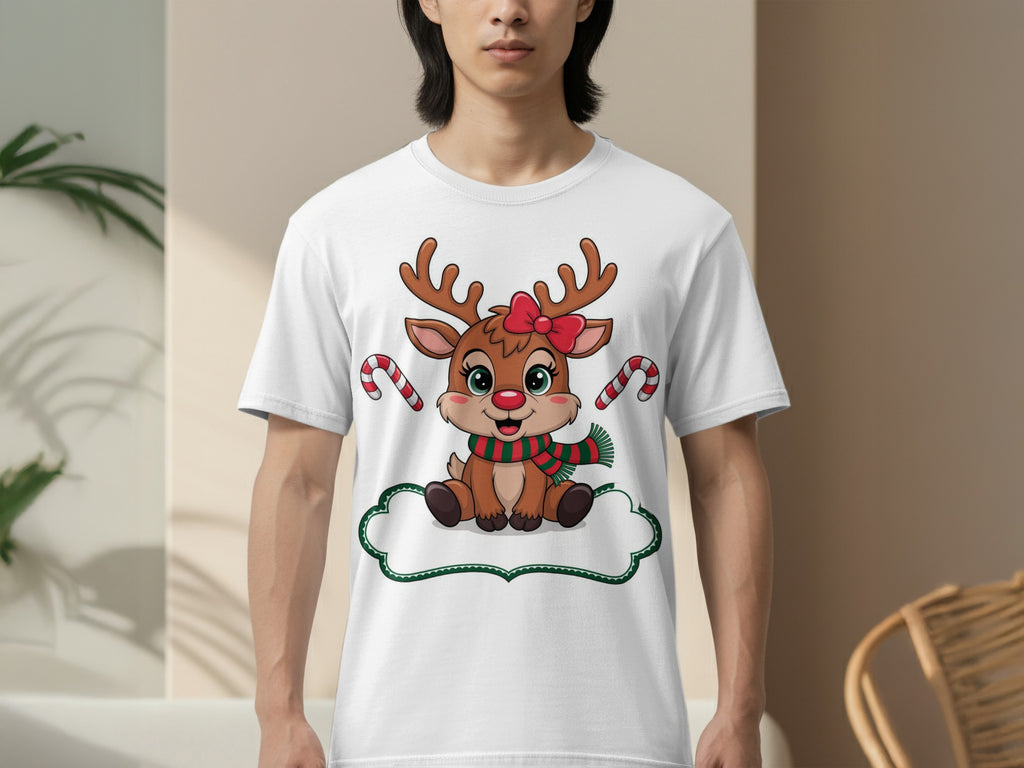 Cute Reindeer with Candy Cane Graphic T-Shirt