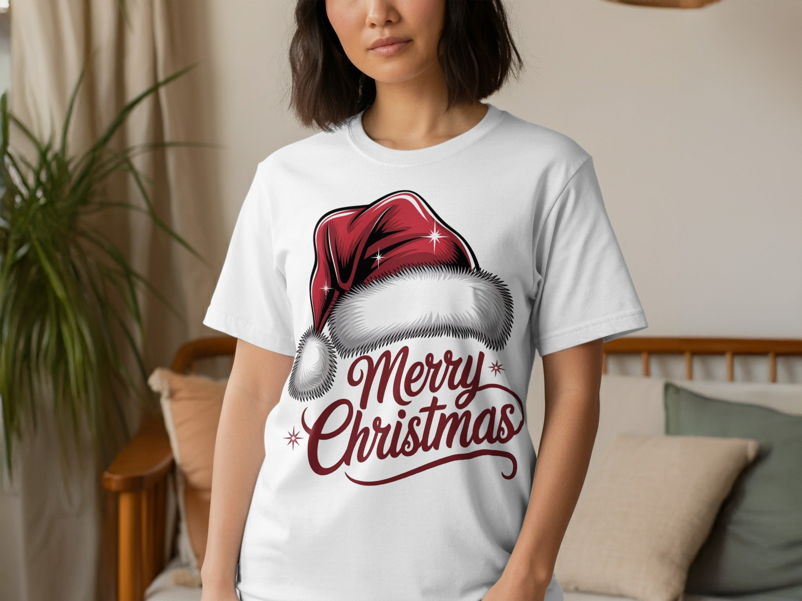 Merry Christmas Santa Hat Print White Shirt