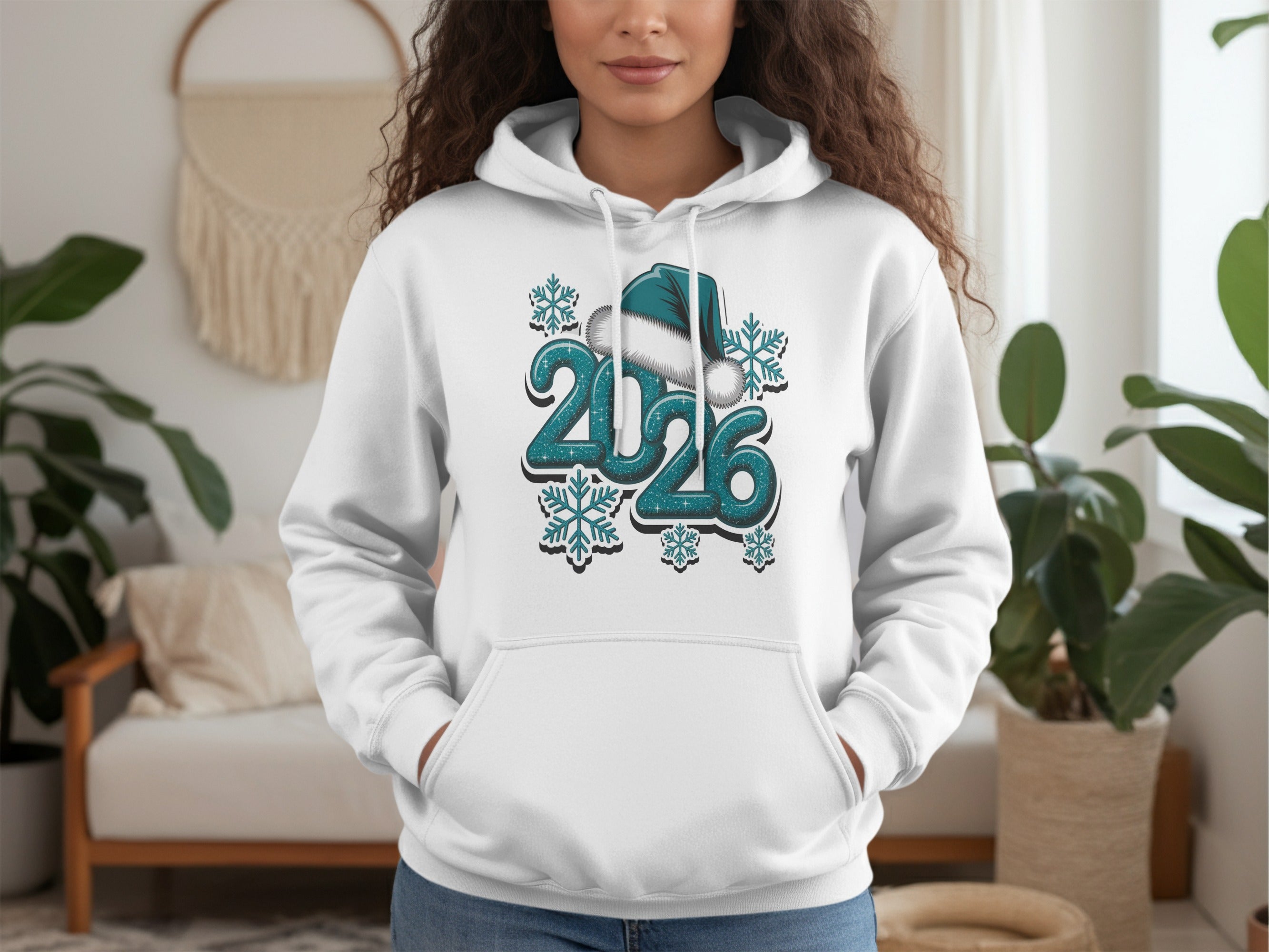 Cozy 2026 Hoodie with Snowflakes and Santa Hat Design