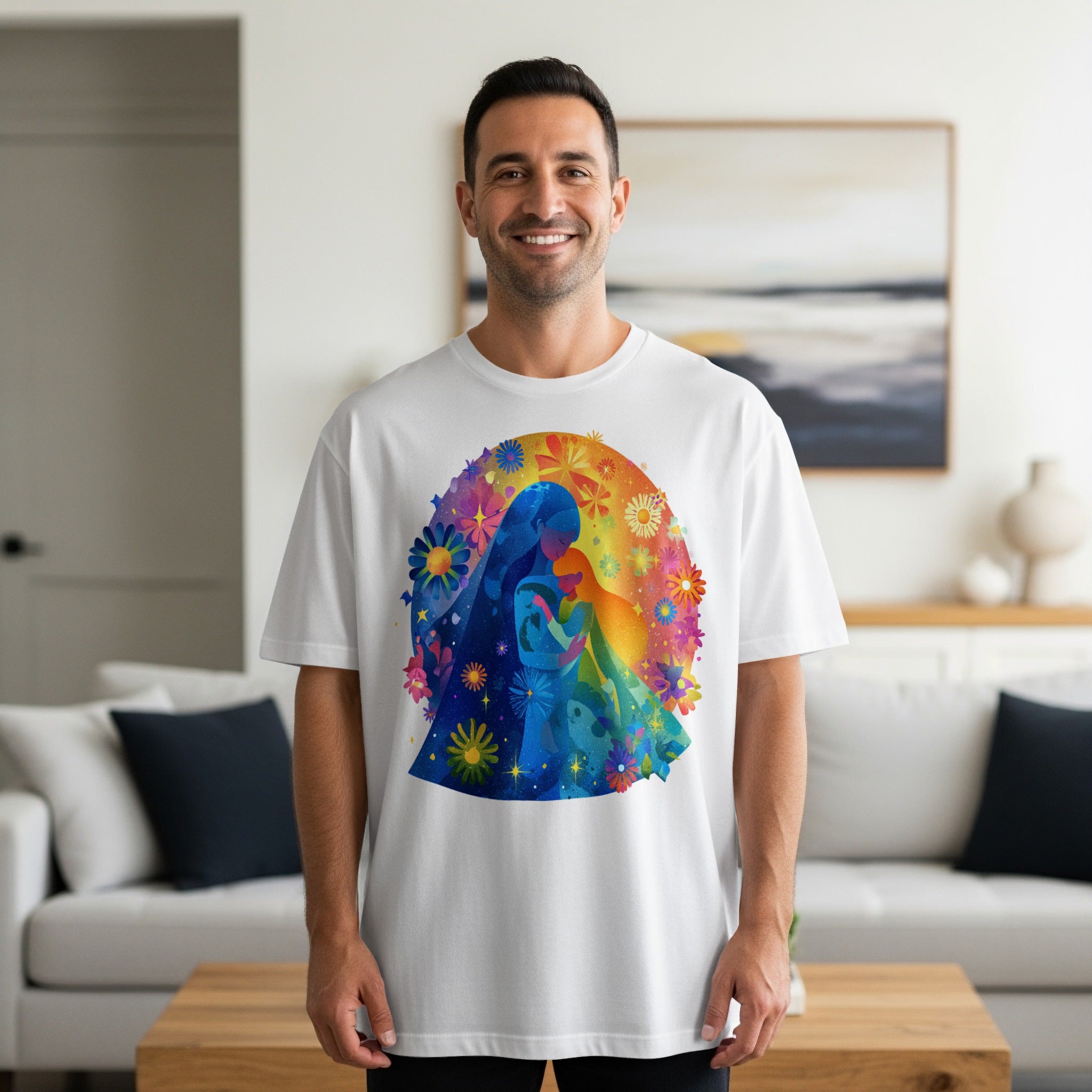 Colorful Artistic Design on White T-shirt Product