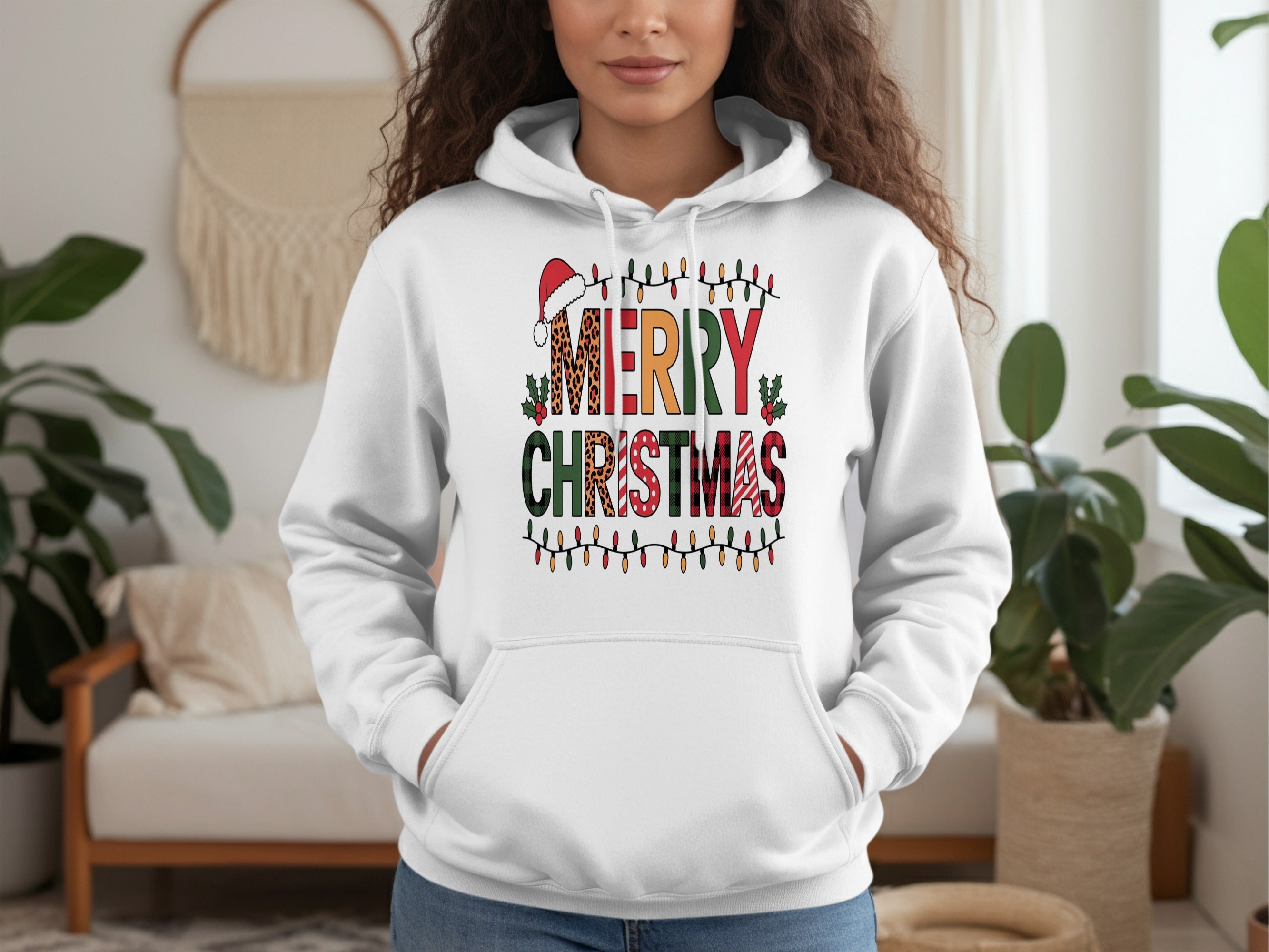 Merry Christmas Hoodie with Santa Hat Graphic