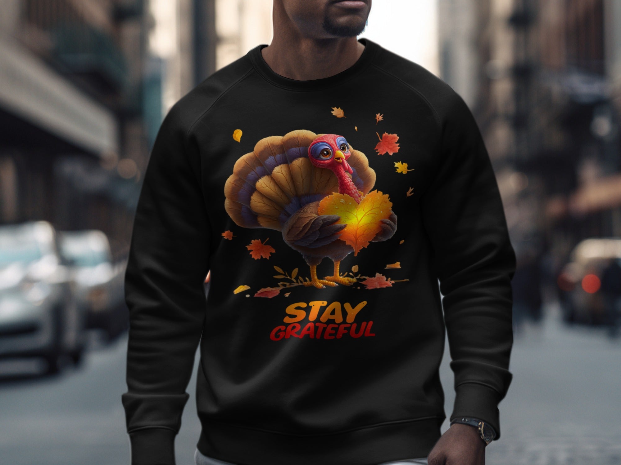 Stay Grateful Turkey Design on Black Shirt