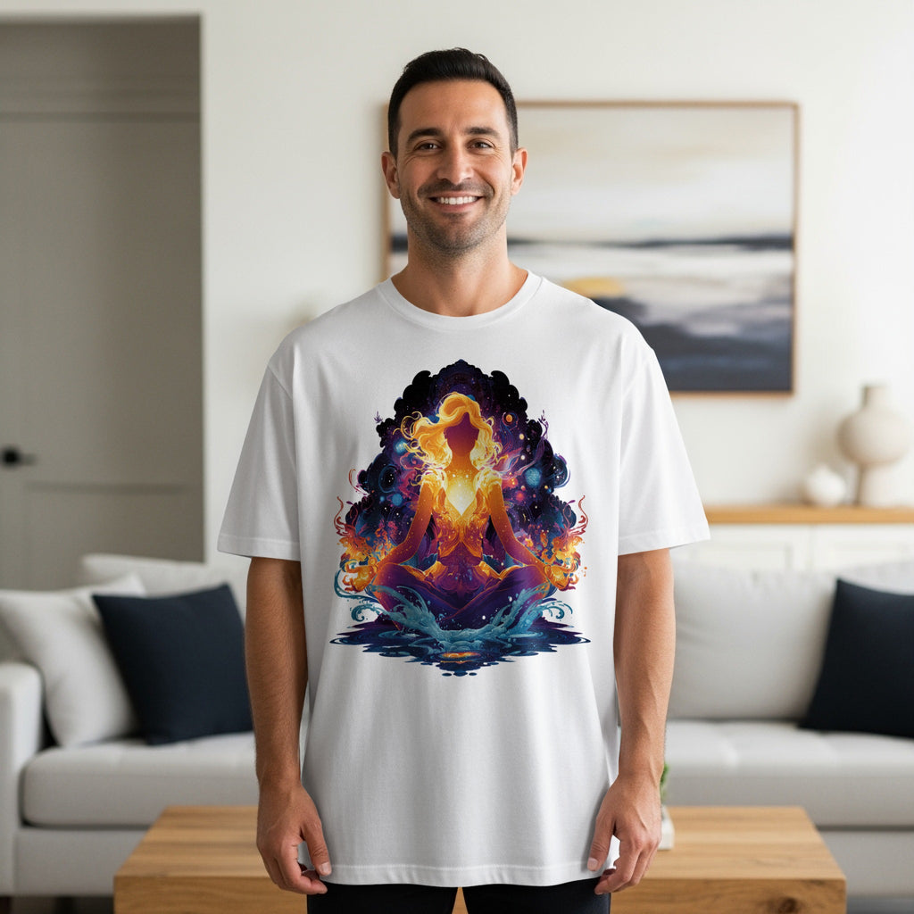 Vibrant Meditative Design on White Relaxed Fit Shirt