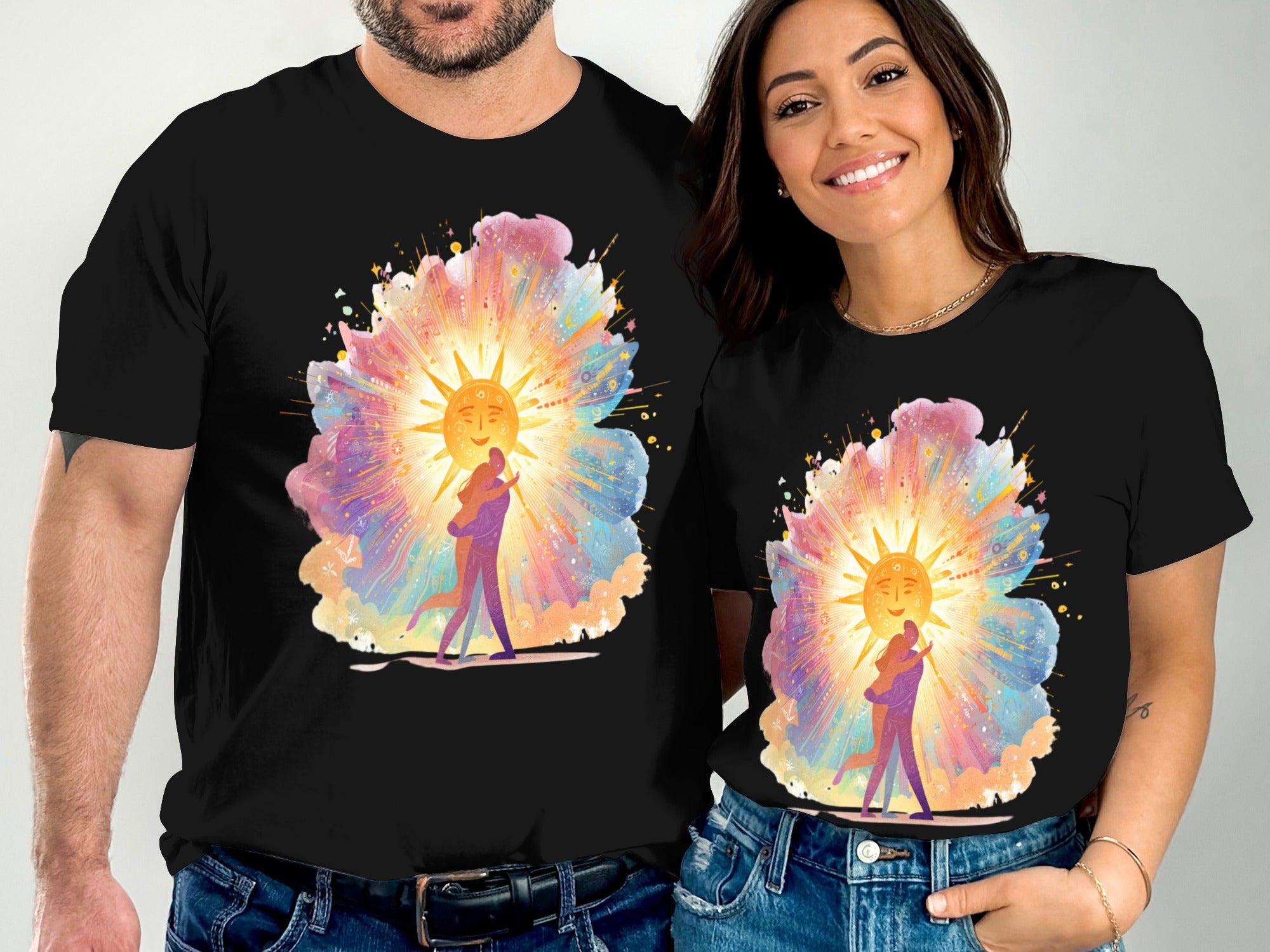 Vibrant Abstract Sun and Figure Art on Black Apparel
