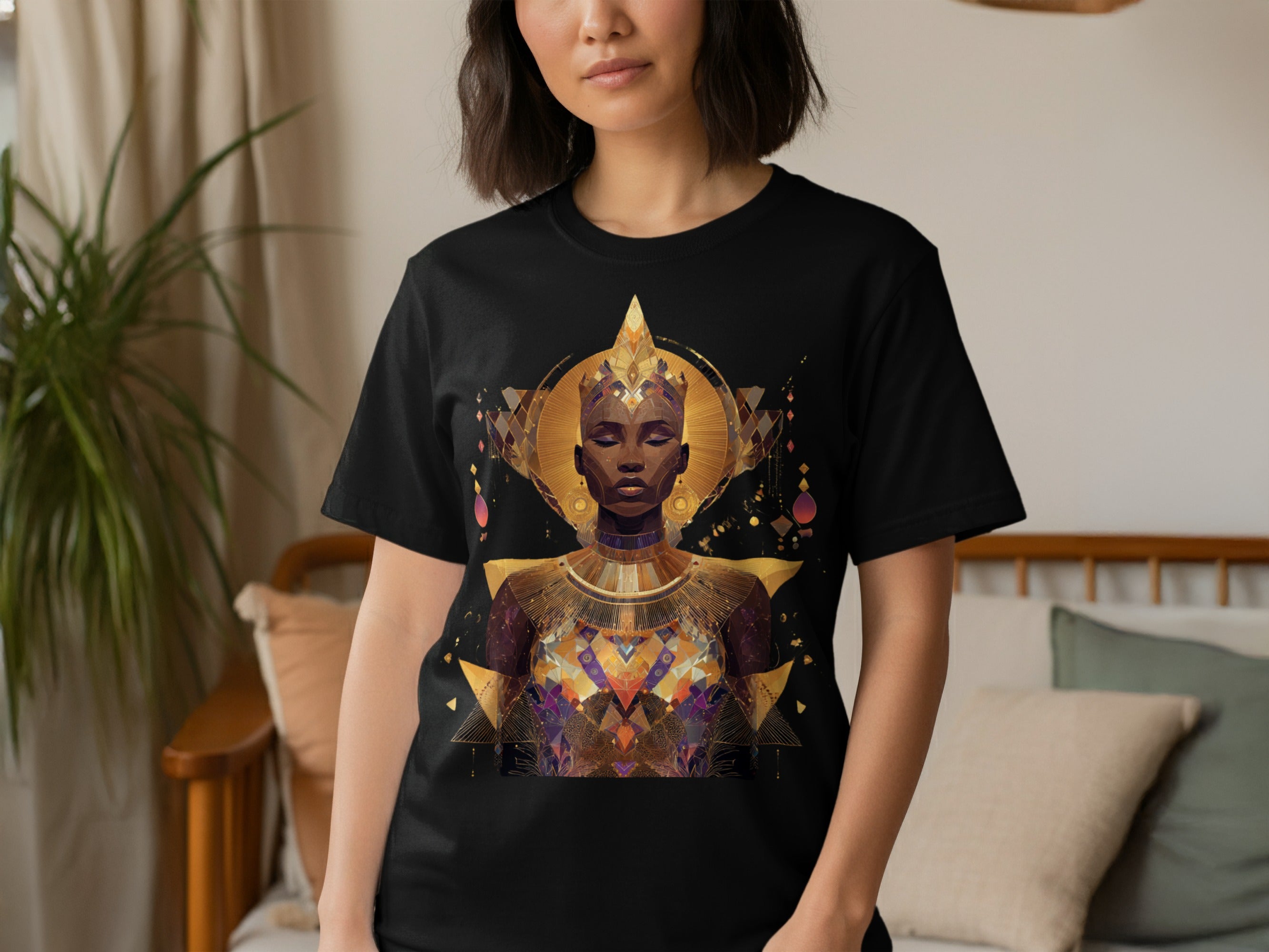 Elegant Black T-Shirt with Regal Golden Artwork Design