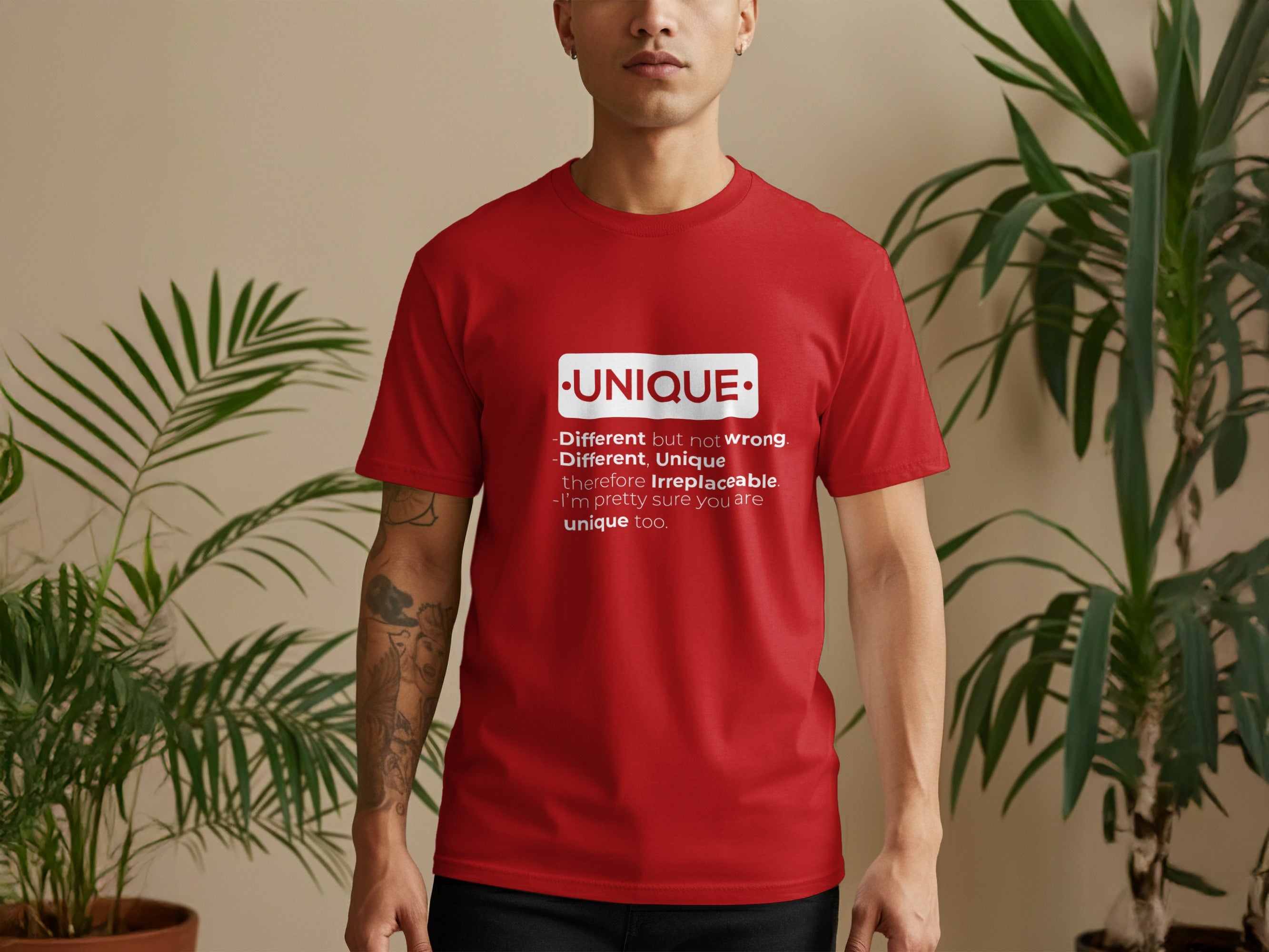 Unique Statement Red Shirt with White Text Design