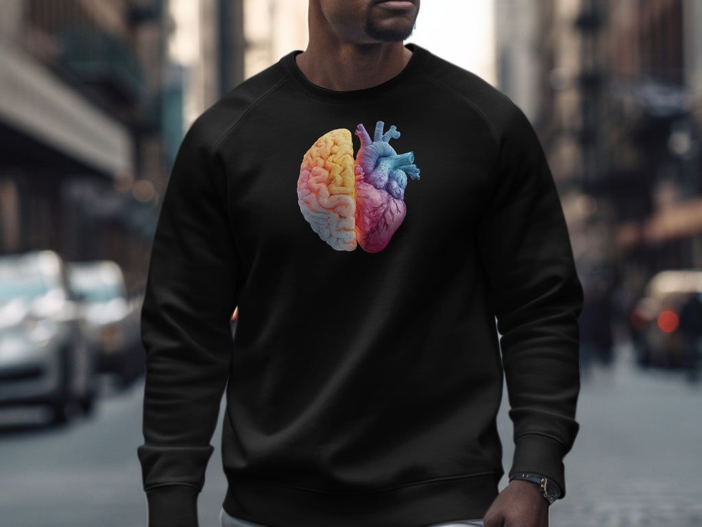 Colorful Brain Heart Design on Black Sweatshirt