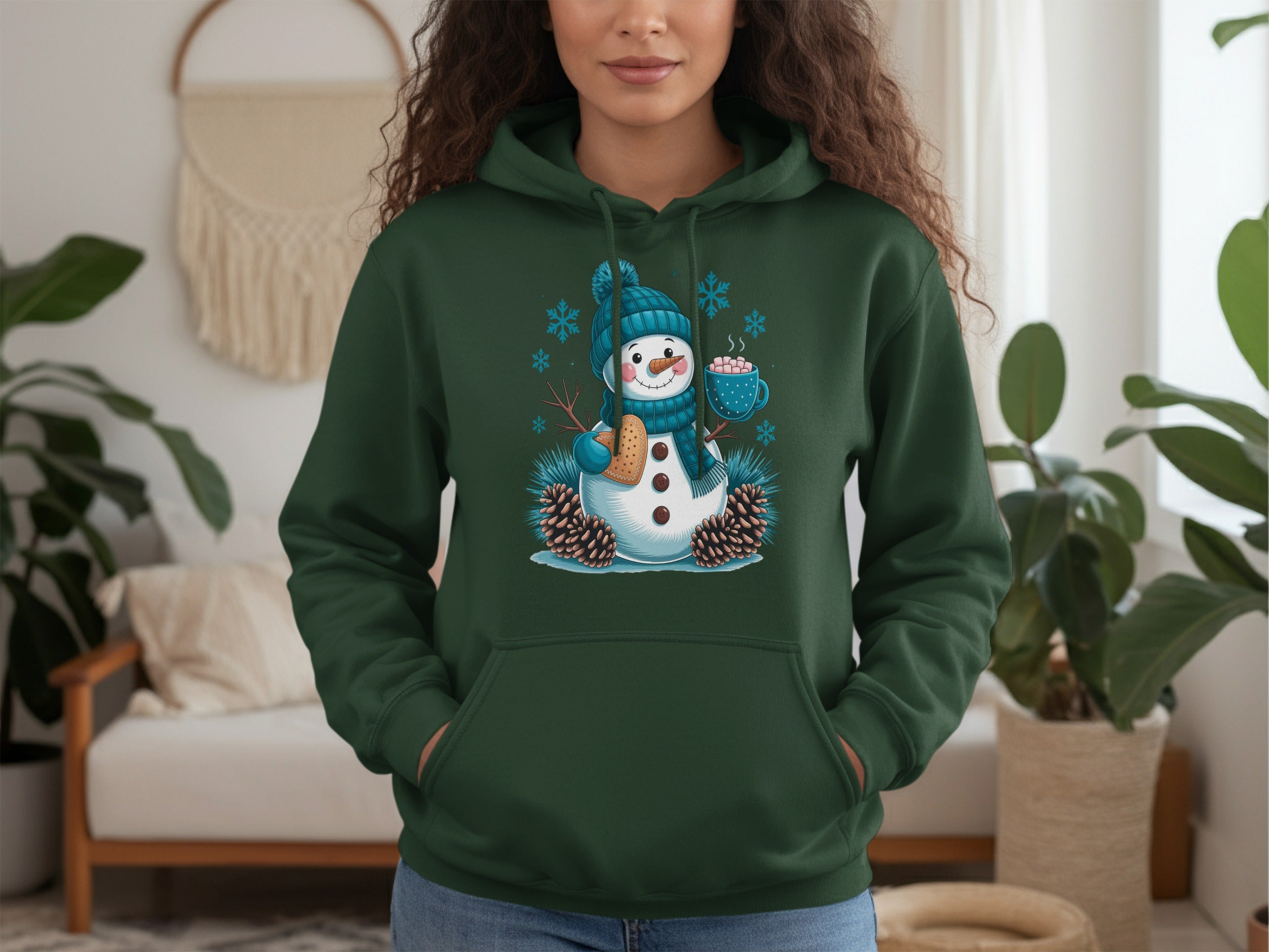 Cozy Winter Snowman Hoodie with Hot Cocoa Print