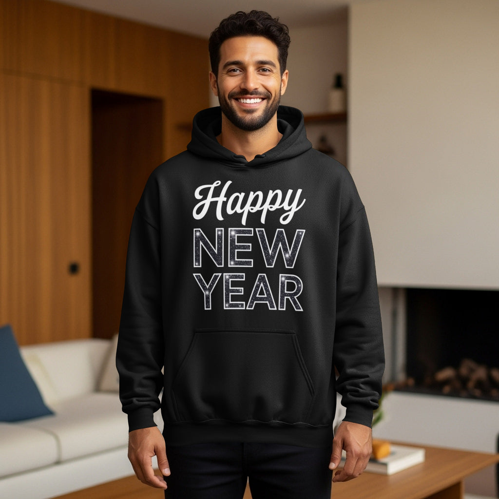 Happy New Year Black Hoodie Casual Wear Ideal