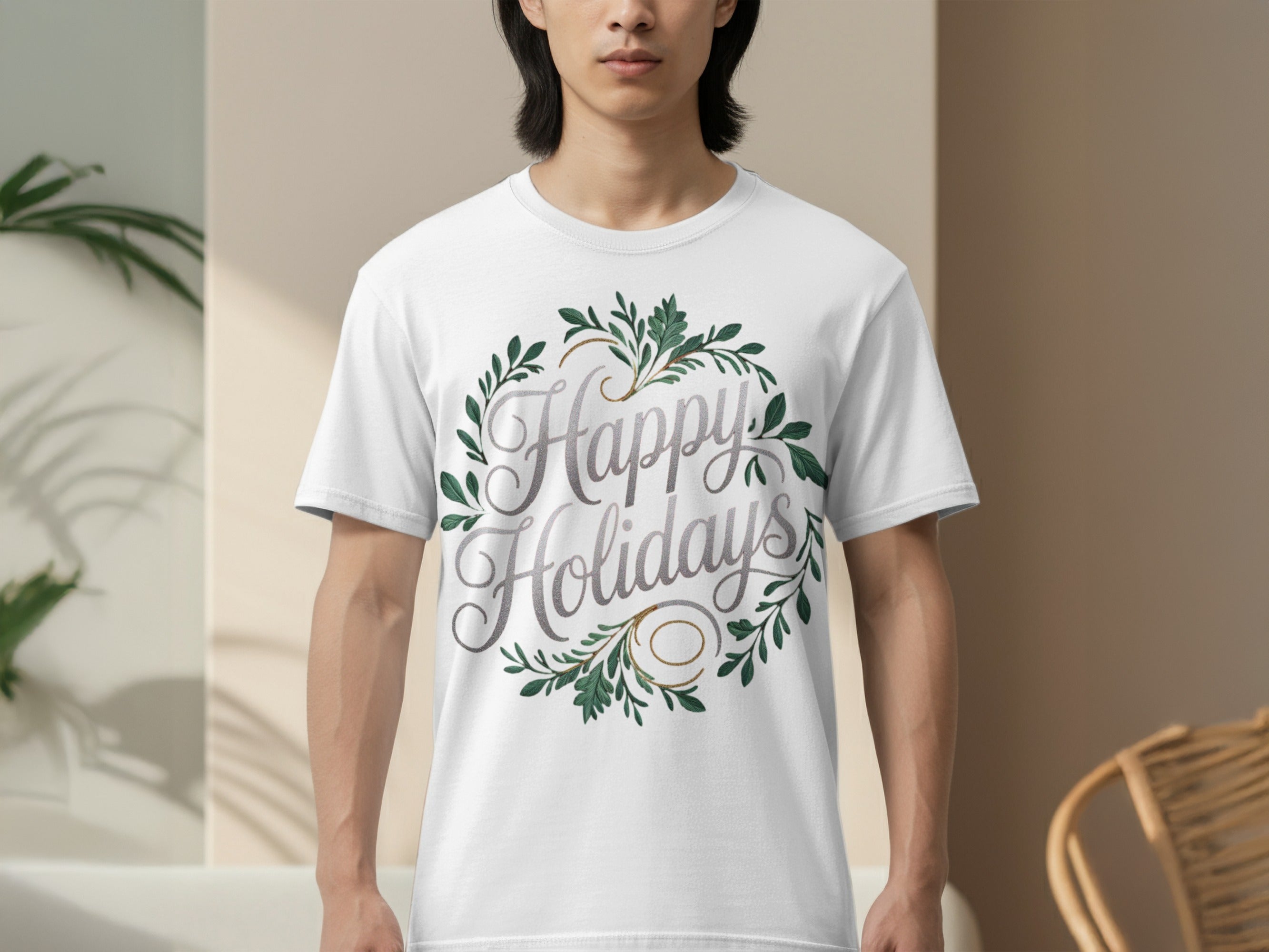 Happy Holidays T-Shirt with Wreath Design